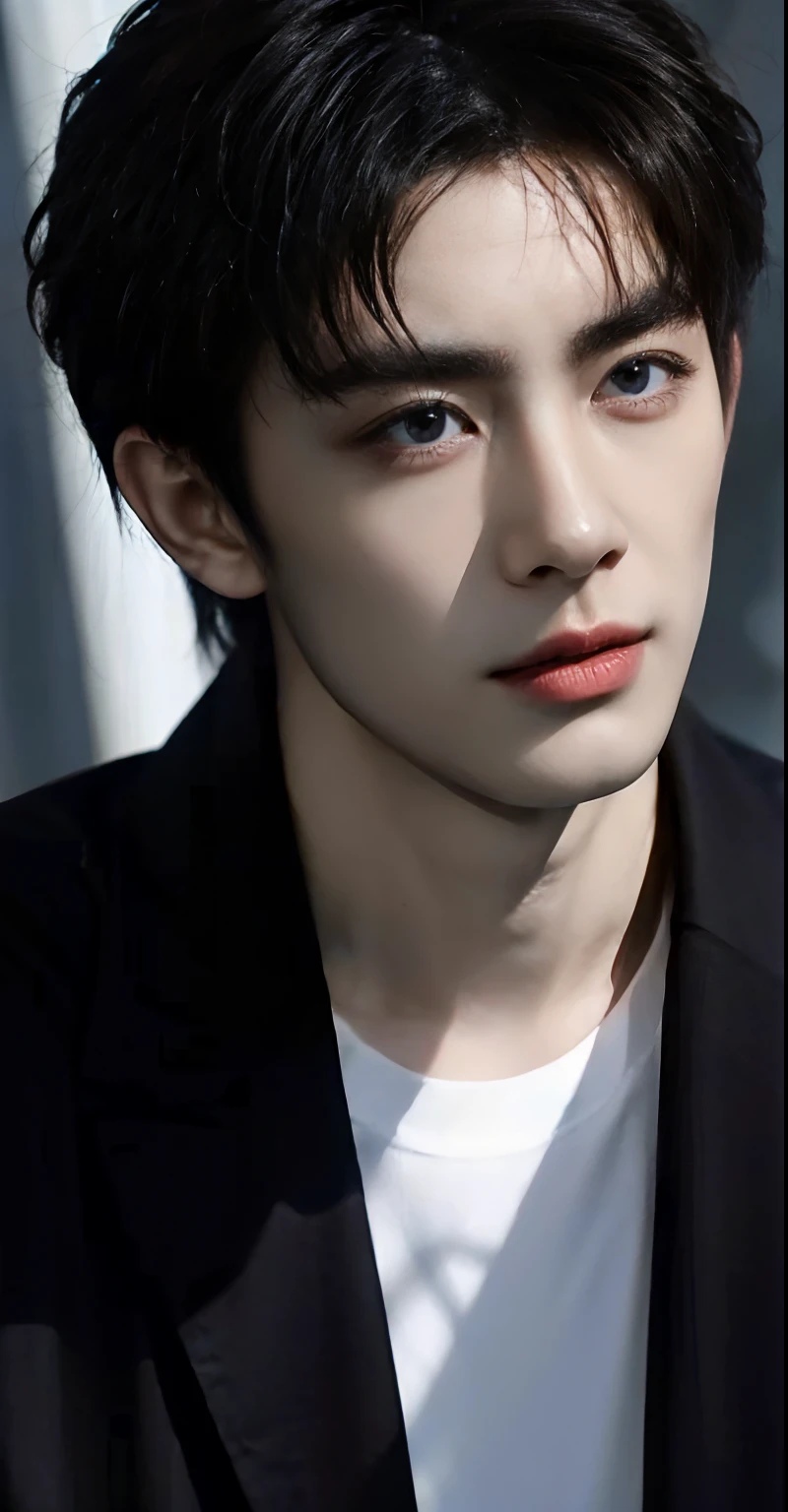 (Handsome Chinese guy:1.5)Boy student,Wear short black sleeves,On the side of the dark road,Light hits the body,eye looking to camera,The eyes are affectionate,Close-up of the face movie highlights, live-action movie scenes