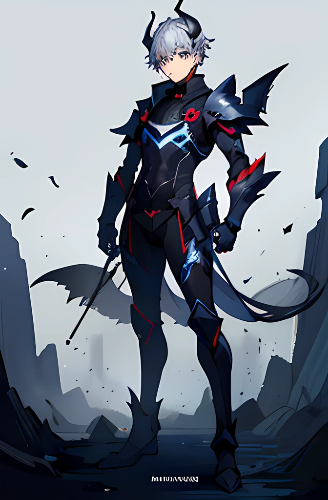 (1 male:1.4), (Solo:1.2), (full body Esbian:1.2), (Adults:1.4),Man with dark blue-gray hair, Adults, , Niō Standing,  (Diabolical), ((bluntness)), Horns,　Solid color background, tail, Wearing flames, ((Black Armor)), ​masterpiece, nffsw、Shaders、Brilliant Textured Work、Ultra-detailed eyes、top-quality、Narrow-eyed, sharp outline, (sketch)、Appeal to us、Mystical expression、Particles of light