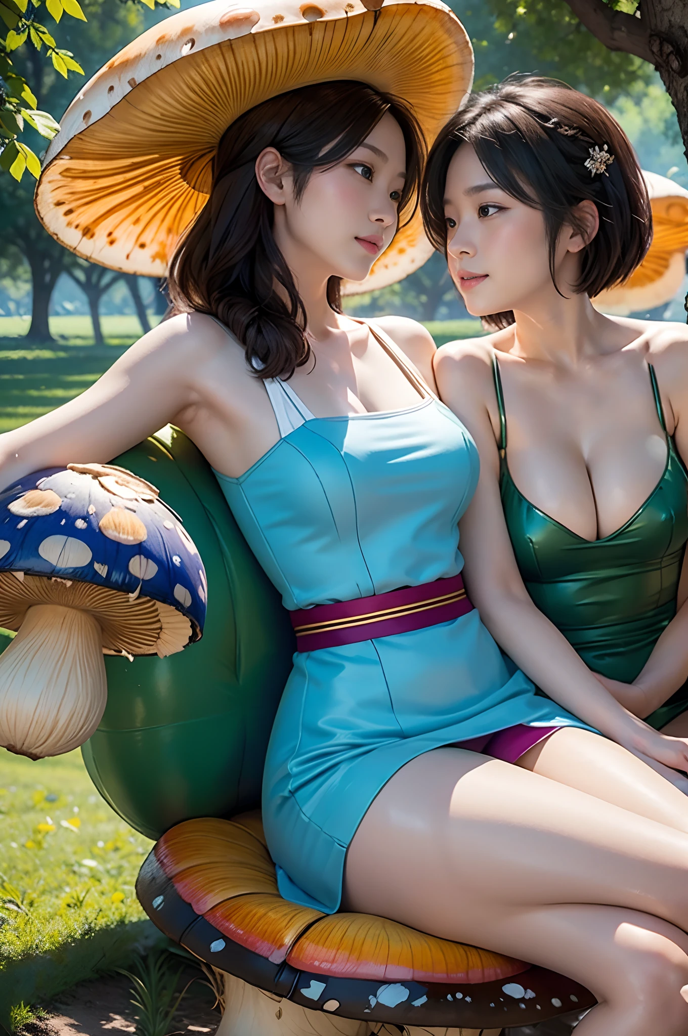 (Best quality,Masterpiece:1.2,Face focus:1.4,Wide eyes,Beautiful eyes:1.4,Dynamic posture),
Break,
(a couple of lesbians:1.5) sitting together on a (giant mushroom:1.2),leering:1.2,Tutu dress,vivd colour,
Break,
Fantasy world,fantasy,((Watercolor painting)),ulzang-6500-v1.1,