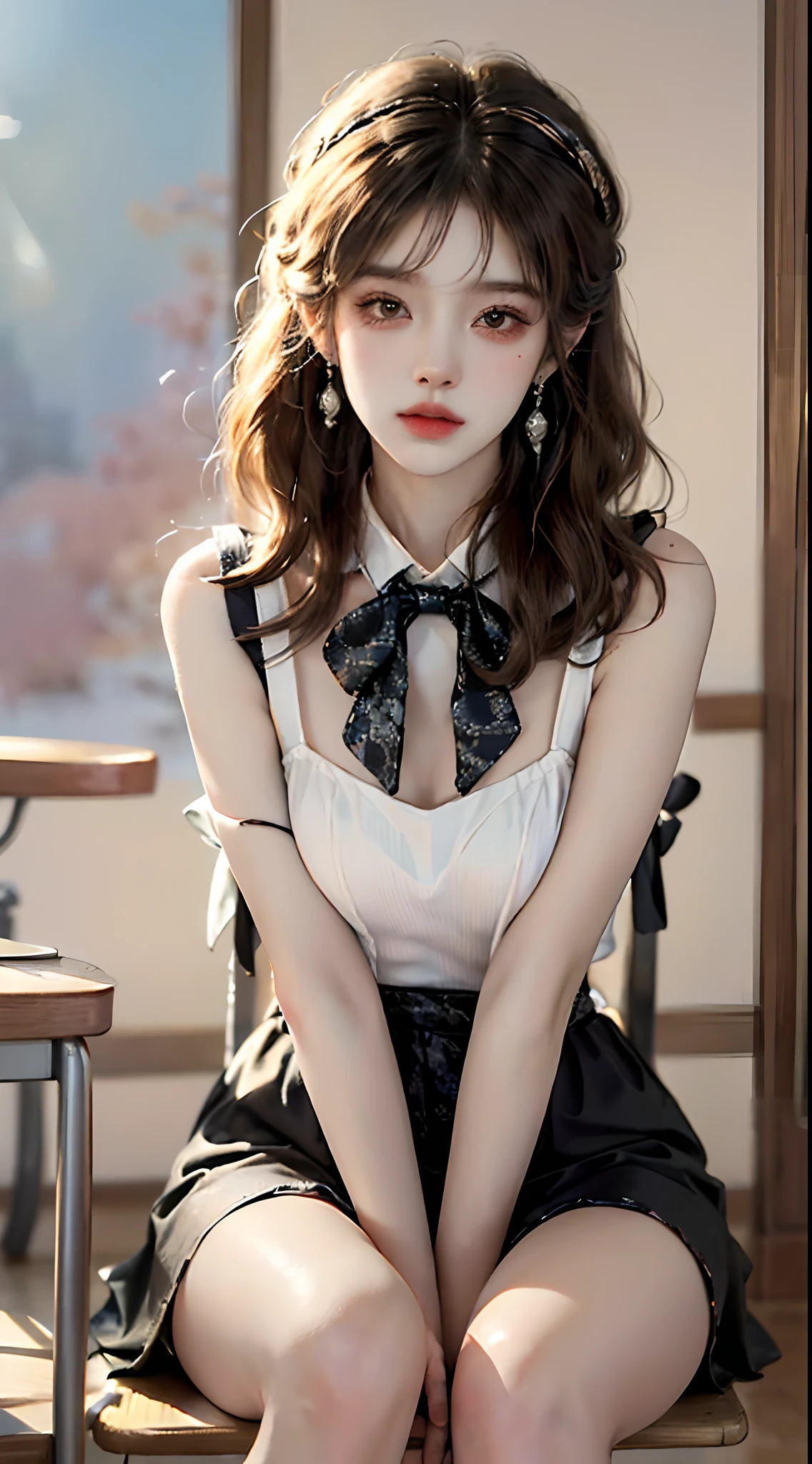 ((full body)), ((Parallel perspective)), ((Front Shooting)), ((realistic)), ((Sit Pose, Holding Erlang's legs)), inside a classroom, 1girll, Asian model, curlies, Air bangs, Beautiful hair accessories, Brownish-yellow hair,((Black  top, neck bowtie, Short white dress)), ((Campus style)), (warm lights, a warm color palette), Detailed details, ultra-detailliert, (tmasterpiece, best qualtiy), (An extremely delicate and beautiful work), Delicate earrings, Simple blurred background, Extreme detail description, Ultra-fine painting, Delicate face, slim toned body