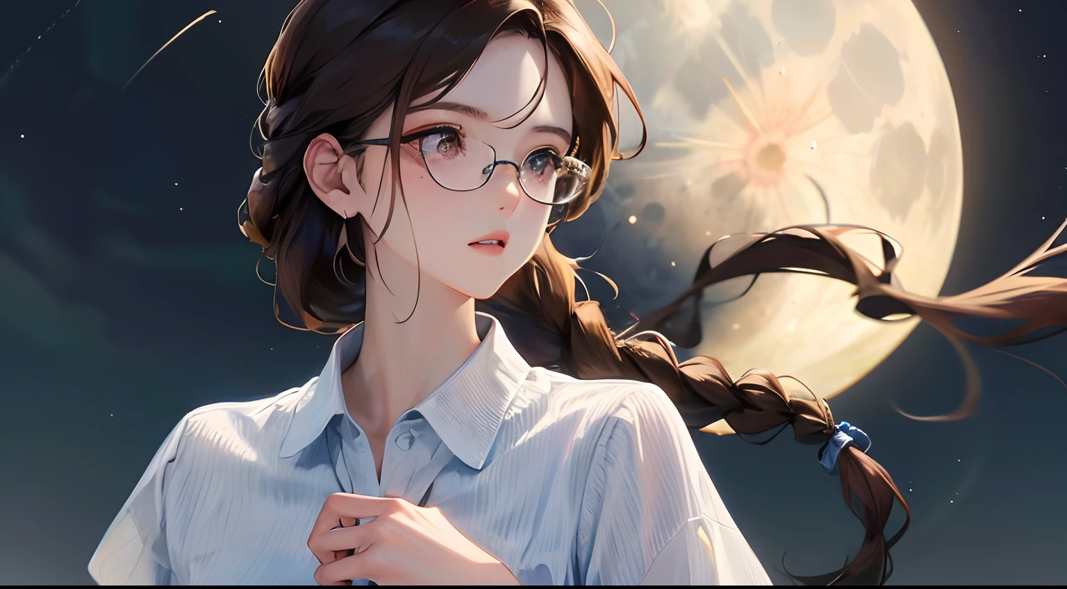 ((Moon Night))、(((1人の女性)))、(Top resolution、Distinct_image) best qualtiy、masterpiece、ighly detailed、Semi-realistic、Brown hair、eye glass、Braided hairstyle、((Lonely look))、bangss、21 years old、Mature、年轻、Open outdoors、Blue shirt、delicated facial features、Facial features、mid-shot