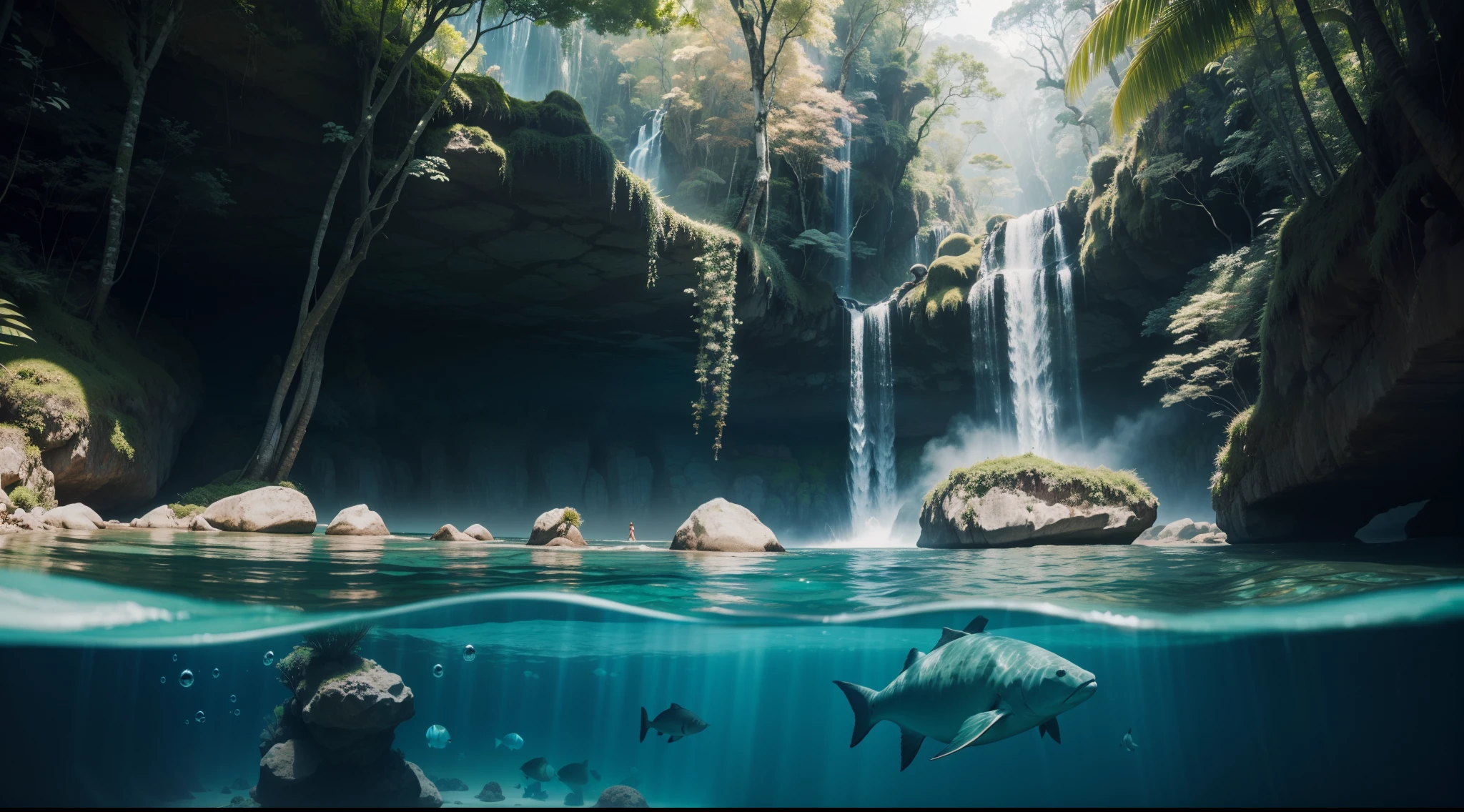Two-level photograph with views above and below water level/Linha, uma grande cena floresta tropical, blue water, montanhas ao fundo verdejantes, intricate underwater worlds, Seapunk in the style of translucent water & surreal, Two-level photography, A two-level photograph of the great rainforest scene above the blue waterline