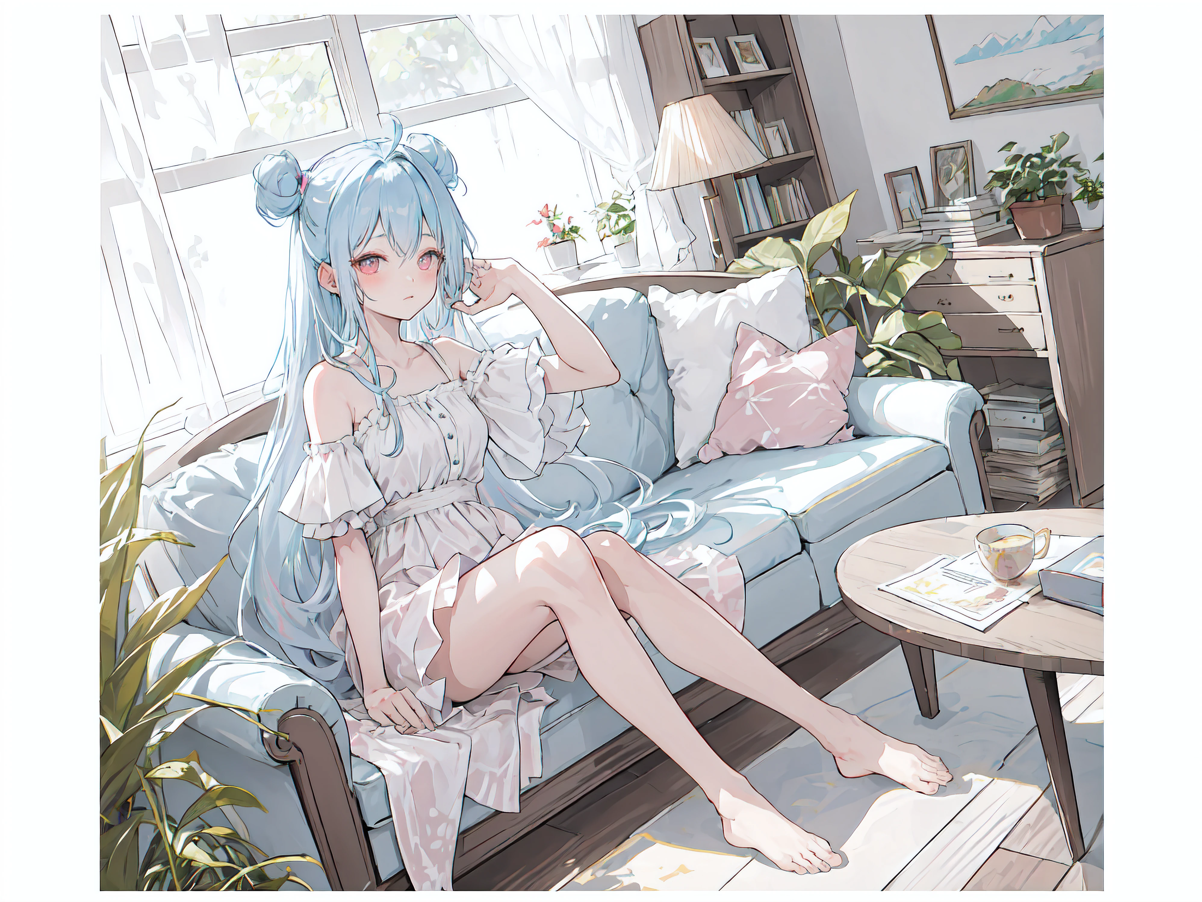 [(white background:1.5)::5],(Isometric:1.3),(masterpiece,best quality:1.2),(highres:1.1),(Highest picture quality),(master's work),facing viewer,dynamic angle,sky,cloud,
living room, couch, window, curtains, dappled sunlight, potted plant, table, cabinet,bookshelf, paper, desk lamp, typewriter, garden,
(1loli,solo focus:1.2),cute,ornament,(jewelry:0.75),(blush:0.9),(strap:0.9),barefoot,
ahoge,(disheveled hair,long hair,ruby hair,blue colored inner hair,shiny hair,shiny skin:1.1),