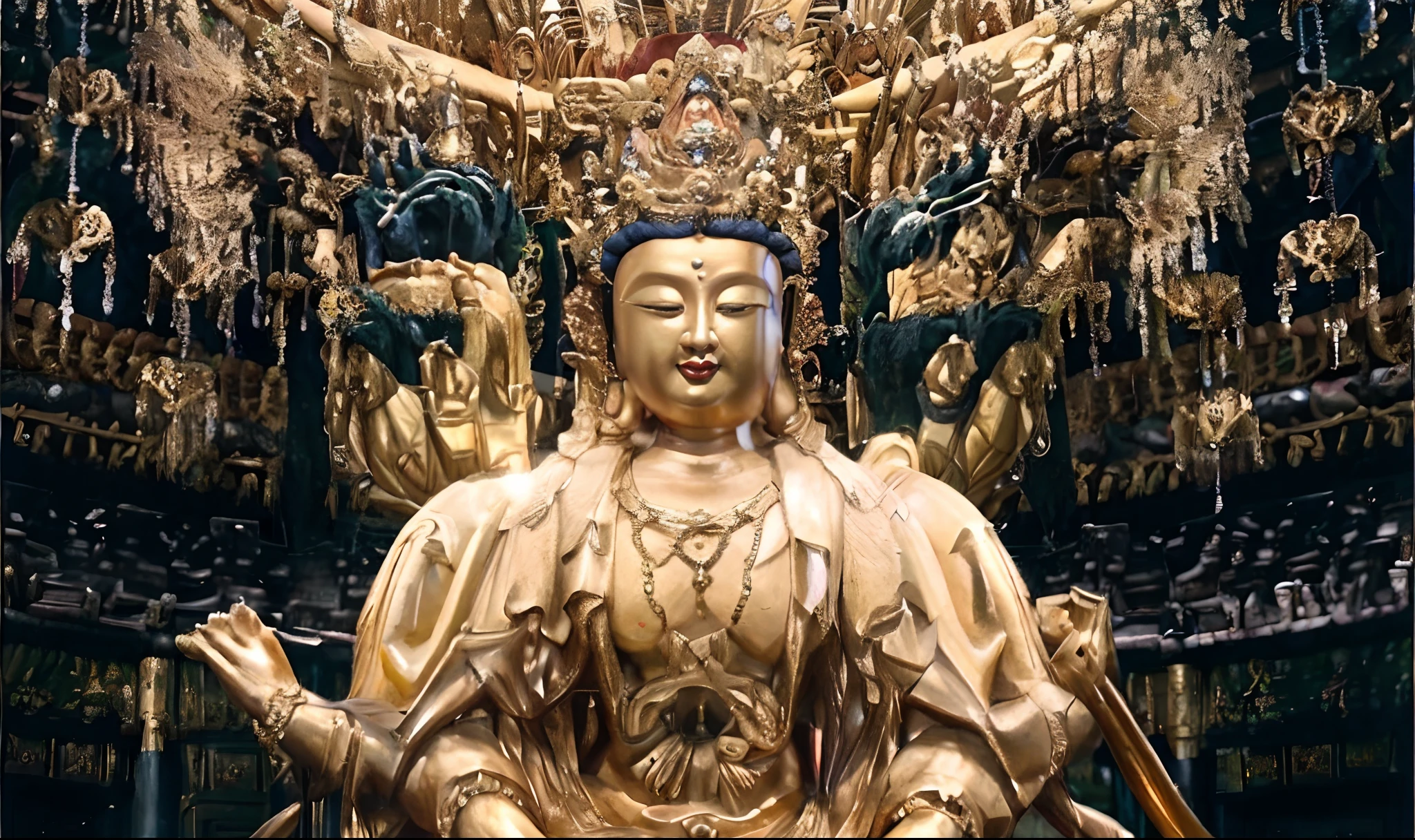 a closeup of a golden statue of a person with a crown, escultura feita de ouro, budismo, Guanyin, Arte budista, Templos japoneses, Guanyin dos Mares do Sul, by Kanō Tan'yū, Templo budista, Arquitetura budista, by Sesshū Tōyō, bodhisattva