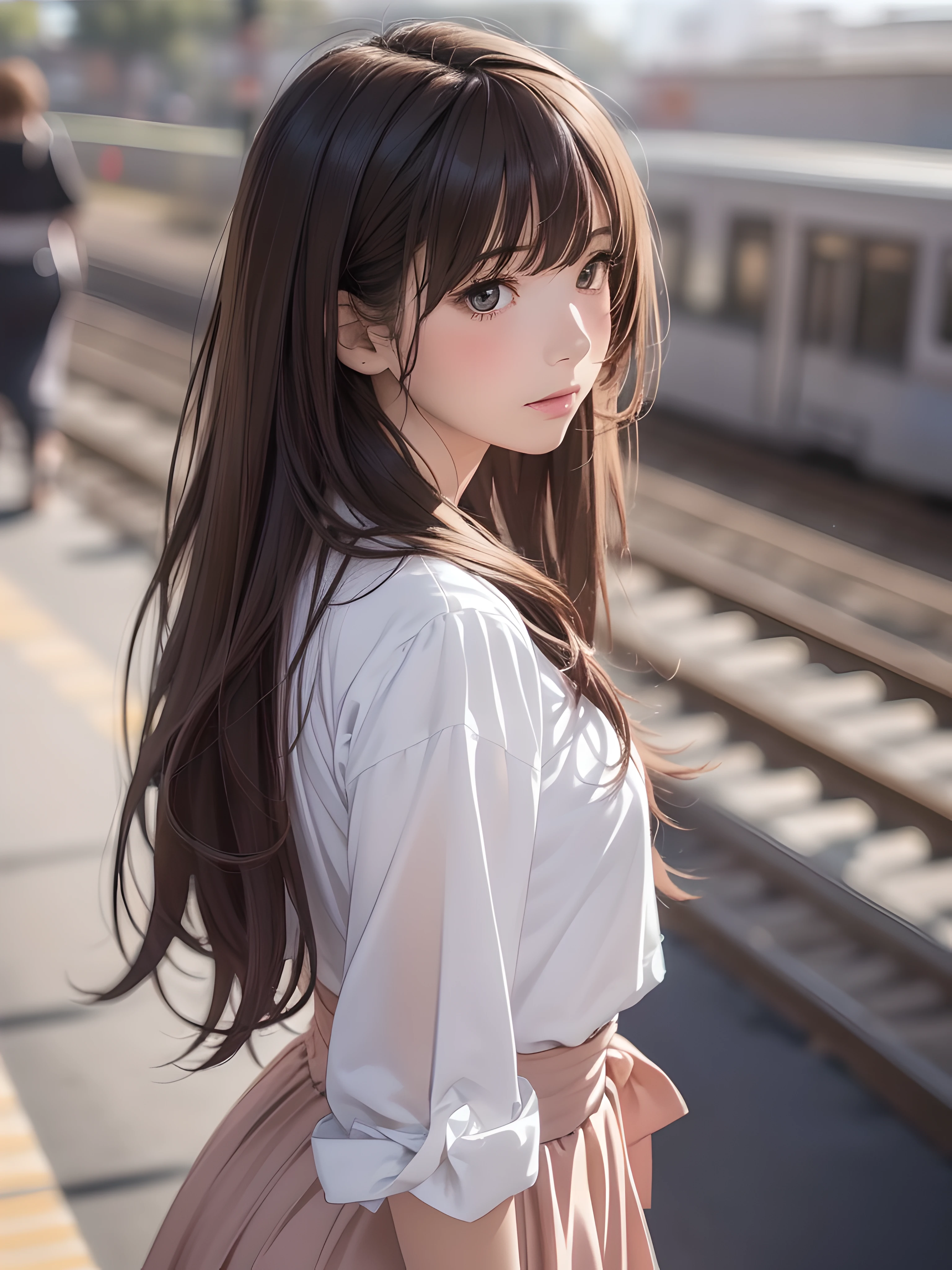 (1girl:1.3), (photorealistic:1.4), (masterpiece, top quality, best quality, official art), extreme detailed, highest detailed, (ultra-detailed), ((an extremely delicate and beautiful)), cinematic light, contemporary,
silky long hair, (brown hair),
she standing at the station, in evening,
shirt, long skirt,
upper body, from above,
shy, blush, (looking back:1.4)