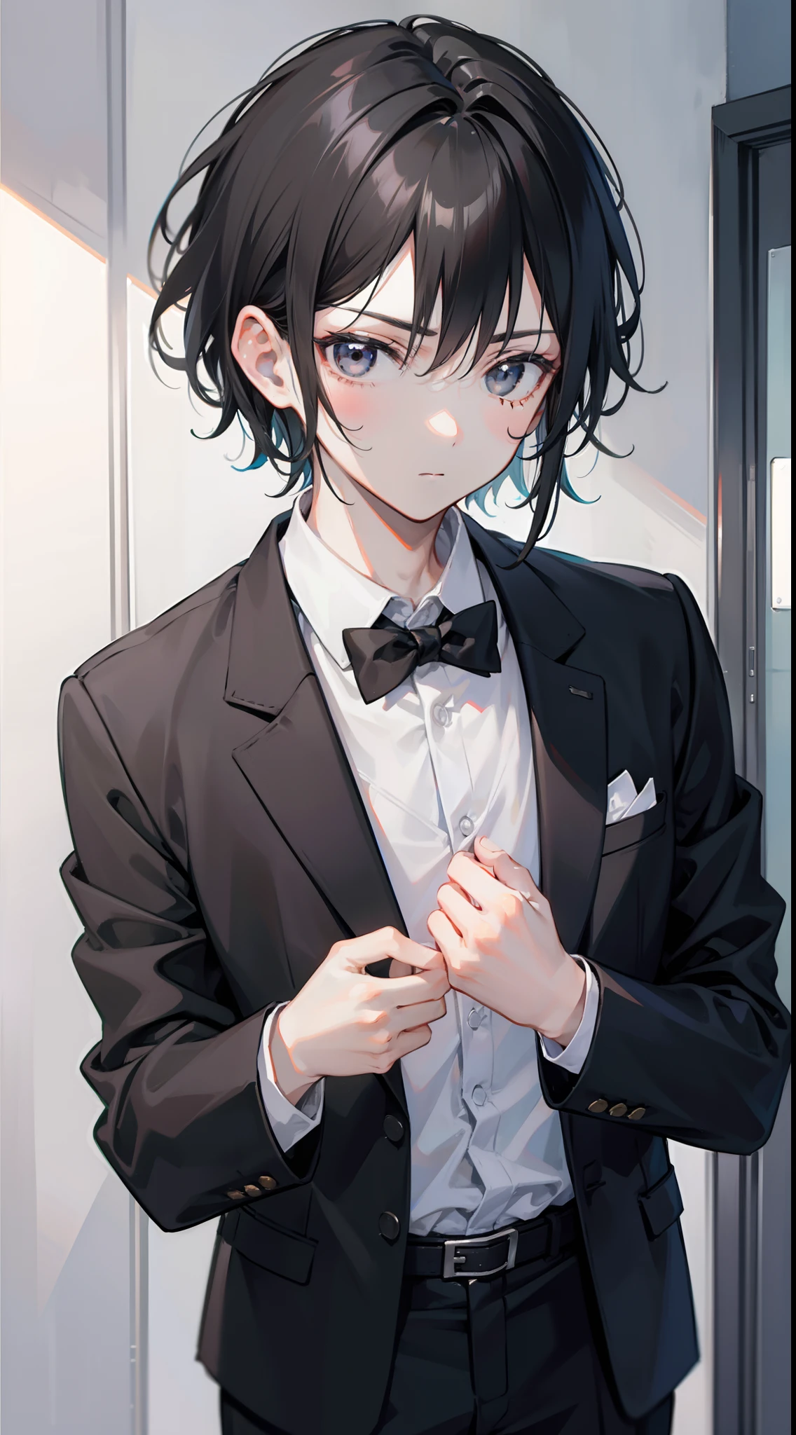 18-year-old male. Short black hair, gray eyes. Wearing a suit, looking at you.