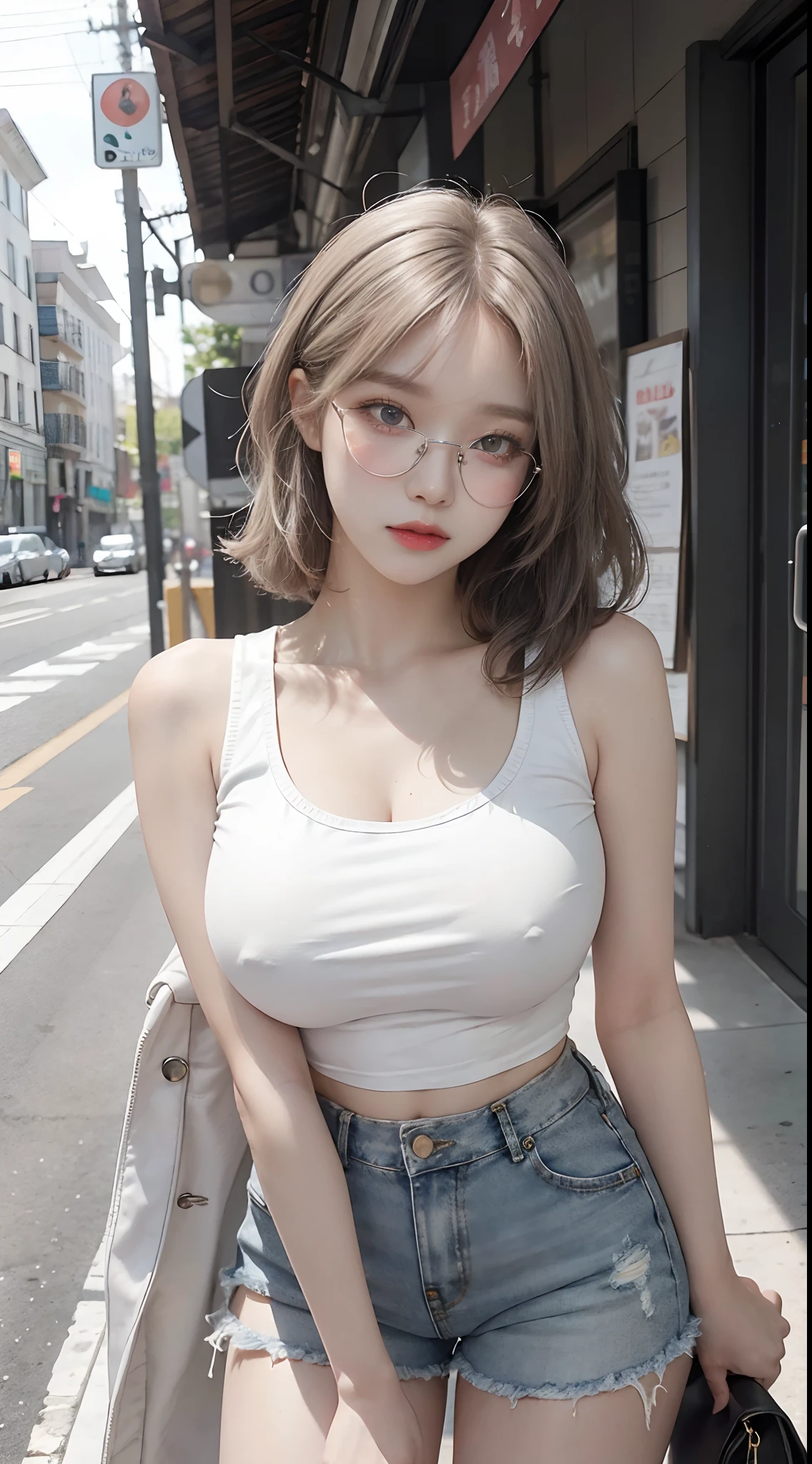 Top image quality、Raw photography、超A high resolution、18-year-old Korean、Glasses beauty、Colossal tits:1.5、cleavage of the breast:1.5、Healthy complexion、shiny white skin、(short bobbed hair)、((Light brown silver hair))、Beautiful eyes with random colors、very thin lips、beautiful eyes finely detailed、elongated eyes、pale pink blush、long eyeslashes、Beautiful double eyelids、eyeshadows、耳Nipple Ring、(Fashionable glasses、White tight tank top、denim short pants、Beautiful legs、Attractive thighs)、street snap、Moderate thickness、Shot with emphasis on the legs