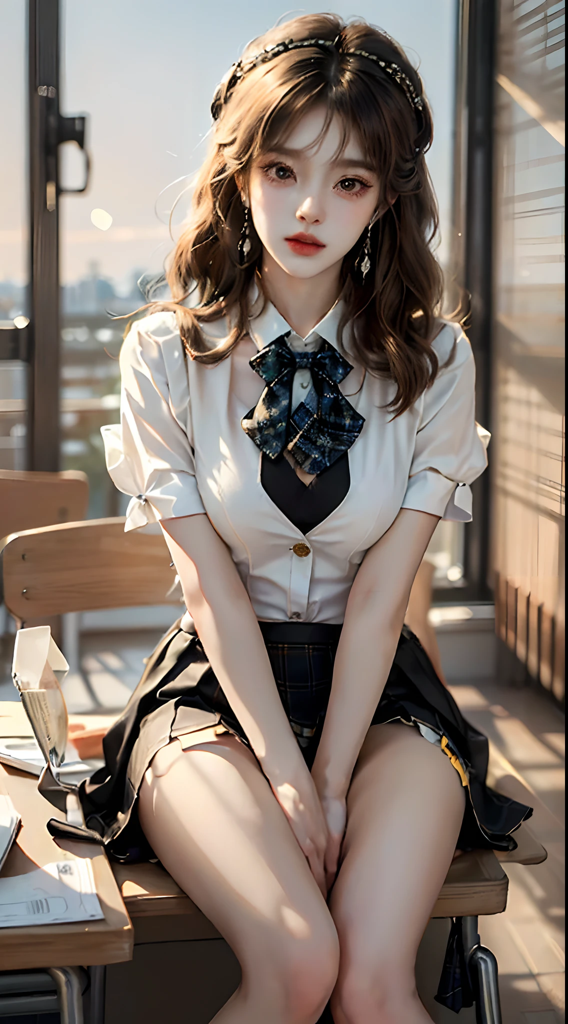 ((full body)), ((Parallel perspective)), ((Front Shooting)), ((realistic)), ((Sit Pose, Holding Erlang's legs)), inside a classroom, 1girll, Asian model, curlies, Air bangs, Beautiful hair accessories, Brownish-yellow hair,((Black suit, neck bowtie, Short white skirt)), ((Campus style)), (warm lights, a warm color palette), Detailed details, ultra-detailliert, (tmasterpiece, best qualtiy), (An extremely delicate and beautiful work), Delicate earrings, Simple blurred background, Extreme detail description, Ultra-fine painting, Delicate face, slim toned body