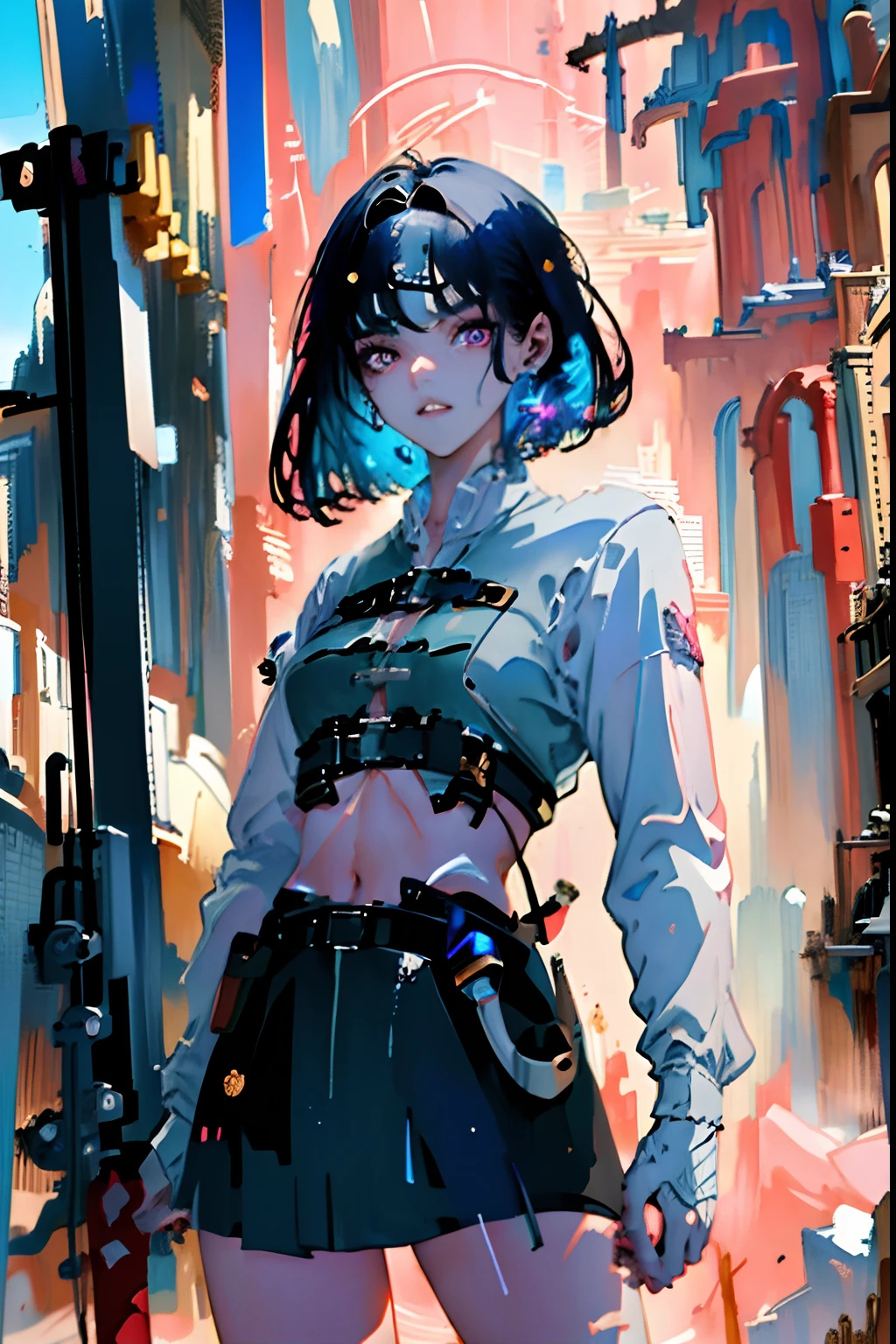 masterpiece, best quality, highly detailed, beautiful, 1girl, blue hair, short hair, pink eyes, fantasy style, ((holding a white katana:1.0)), determinated expression, serious expression, soft lighting, masterpiece, high fantasy, sci-fi, dynamic lighting, hyperdetailed, cowboy shot, sci-fi background, lens flare