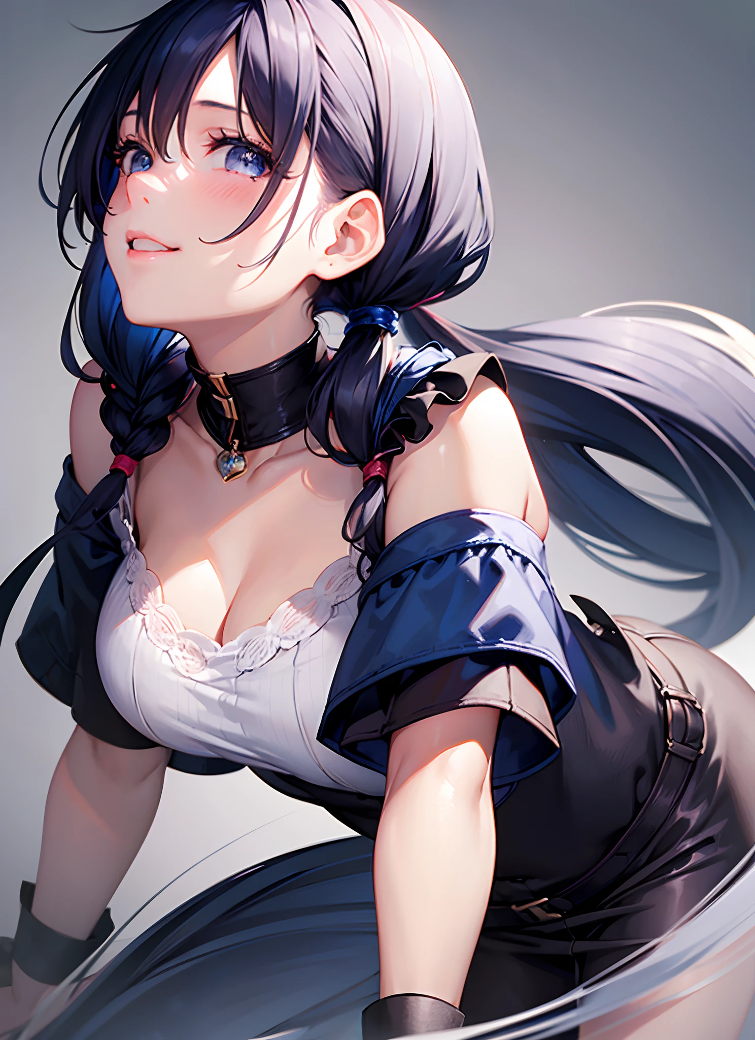 (masterpiece), best quality, expressive eyes, perfect face, navy blue hair, pigtails hairstyle, black eyes, eyes detail, soft skin, cute face, smile facial features, beautiful girl, high quality, high resolution, , long medium shot, casual outfit, lots of detail,
