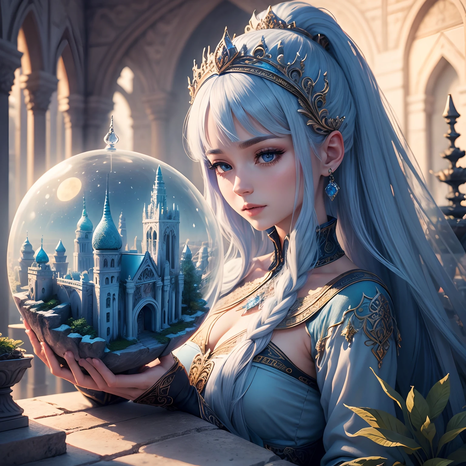 a magnificent cold palace with ancient architecture and a beautiful garden in a fairyland, magical creatures, mystical, very detailed, intricated detailed, 8k, printable --auto