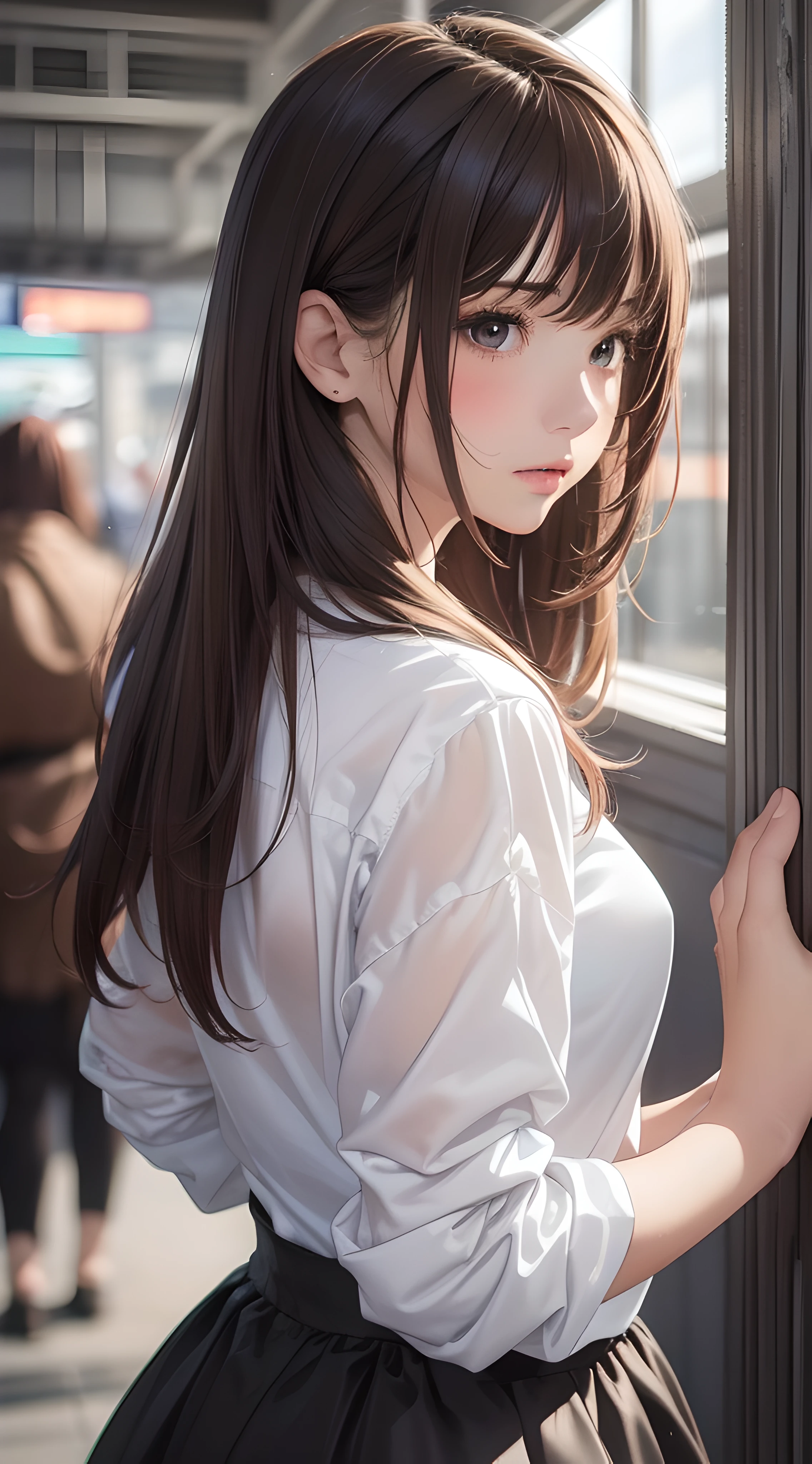 (1girl:1.3), (photorealistic:1.4), (masterpiece, top quality, best quality, official art), extreme detailed, highest detailed, (ultra-detailed), ((an extremely delicate and beautiful)), cinematic light,  contemporary, 
silky long hair, (brown hair), 
she standing at the station, in evening, 
shirt, long skirt, 
upper body, from above, 
shy, blush, (looking back:1.4)