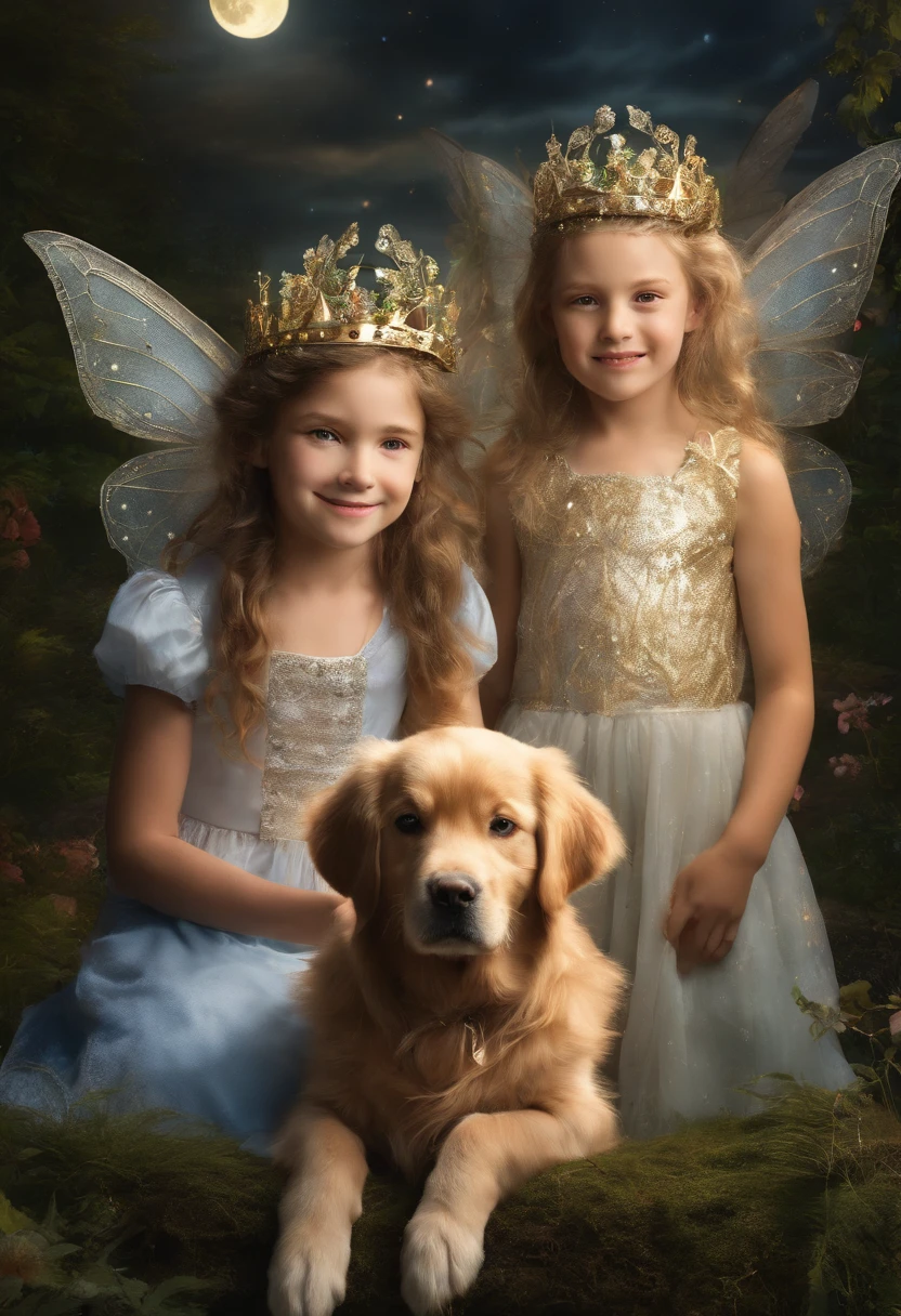 YOUNG SIBLINGS IN FAIRYLAND WITH THEIR GOLDEN RETRIEVER AND LIGHT FAIRIES, NIGHTTIME, NATURE, MOONLIGHT, WEARING PRINCESS CROWNS, 8K