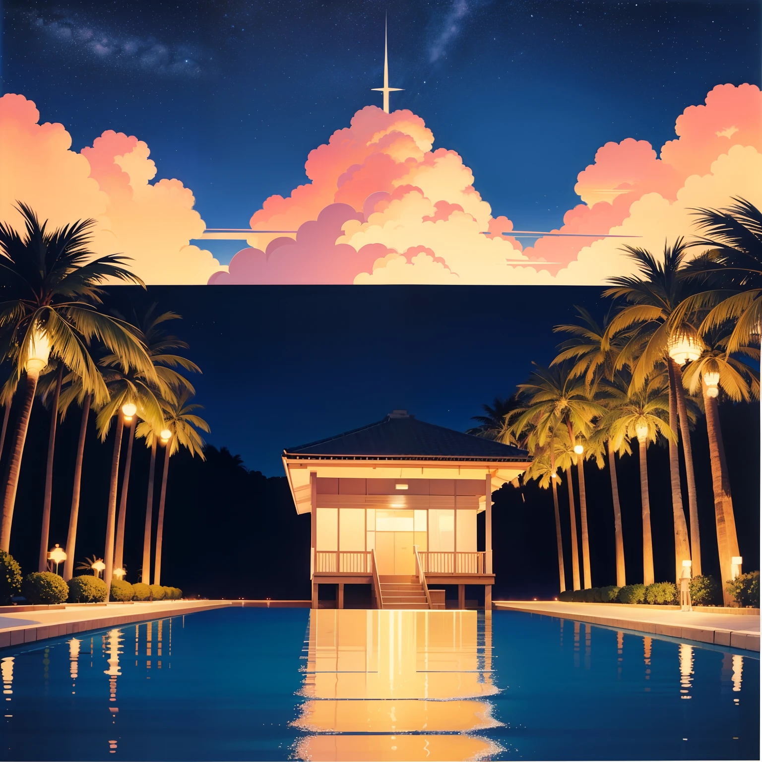 night seaside，Palm trees，nffsw，Planes，There are stars in the sky，2D，Hiroshi Nagai、Minced meat