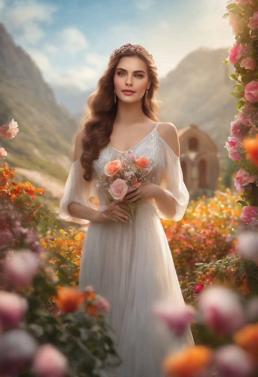 best quality,4k,8k,highres,masterpiece:1.2,ultra-detailed,realistic,photorealistic:1.37,beautiful detailed eyes,beautiful detailed lips,extremely detailed eyes and face,long eyelashes,1girl,illustration,floral garden,soft sunlight,flowy dress,colorful flowers,ethereal atmosphere,vibrant colors,bokeh,portrait