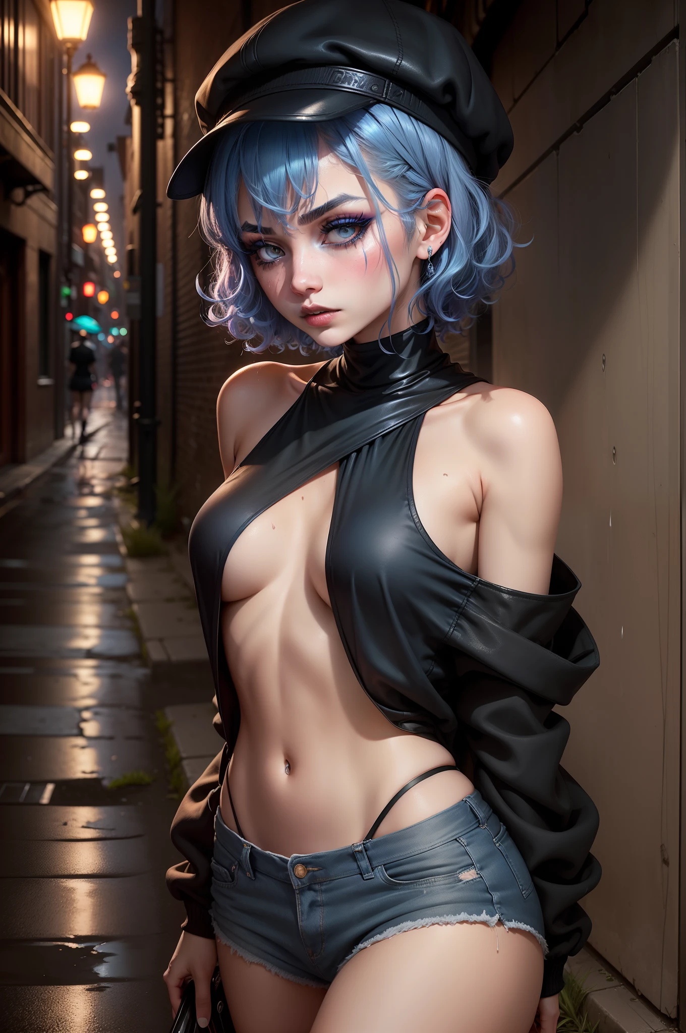 18-year-old girl (intoxicated on the street), (intoxicated expression), (smudged makeup:1.3), short blue hair, curly hair, (sporting a black cap), casual attire, (revealing neckline), (dimly lit alley), (rainfall), (slender physique), ultrarealistic.