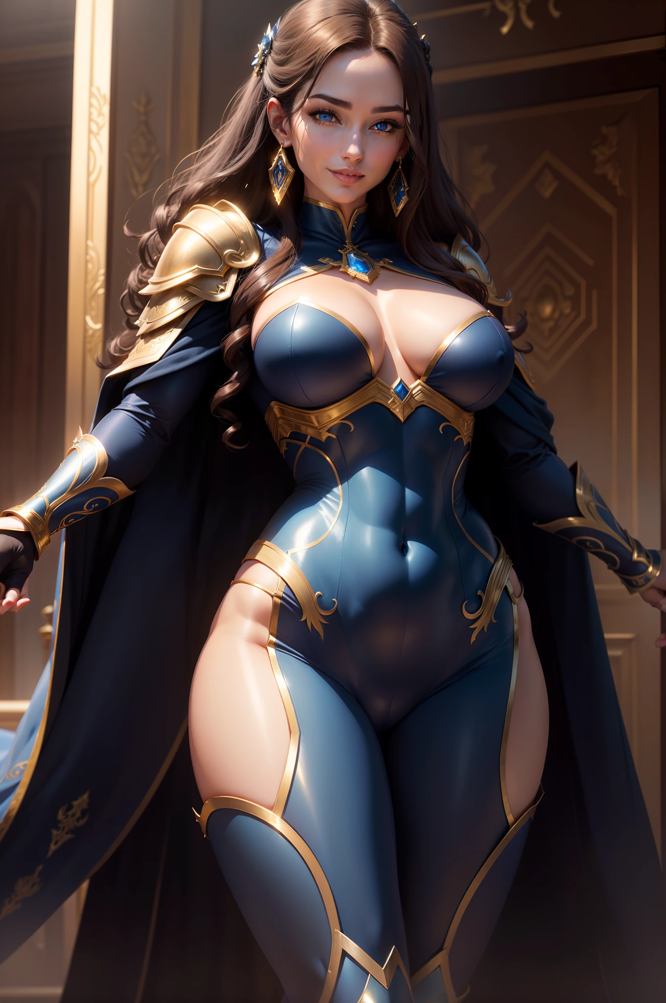 Photorealistic, High resolution, Soft light,1womanl, Solo, Thin muscular macho and hip-up, (Detailed face), long perm of brown hair,, Black robe, Split abs and big breasts　Beautiful blue and gold armor , Luxurious blue pants　Earrings are　Blue glowing eyes　Thin muscular lower body　enticing　超A high resolution　super precision　Cold smile　real looking skin