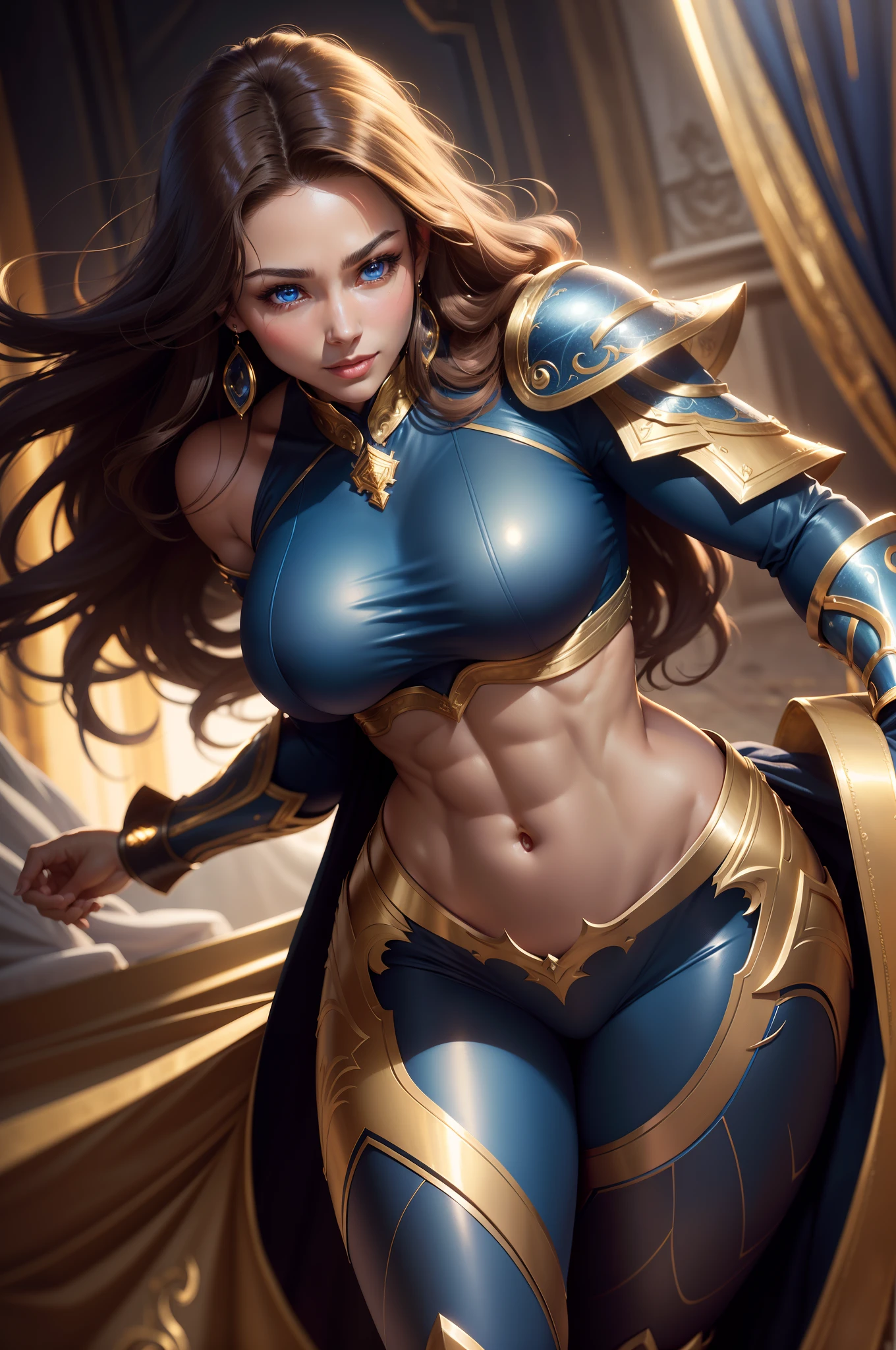 Photorealistic, High resolution, Soft light,1womanl, Solo, Thin muscular macho and hip-up, (Detailed face), long perm of brown hair,, Black robe, Split abs and big breasts　Beautiful blue and gold armor , Luxurious blue pants　Earrings are　Blue glowing eyes　Thin muscular lower body　enticing　超A high resolution　super precision　Cold smile　real looking skin