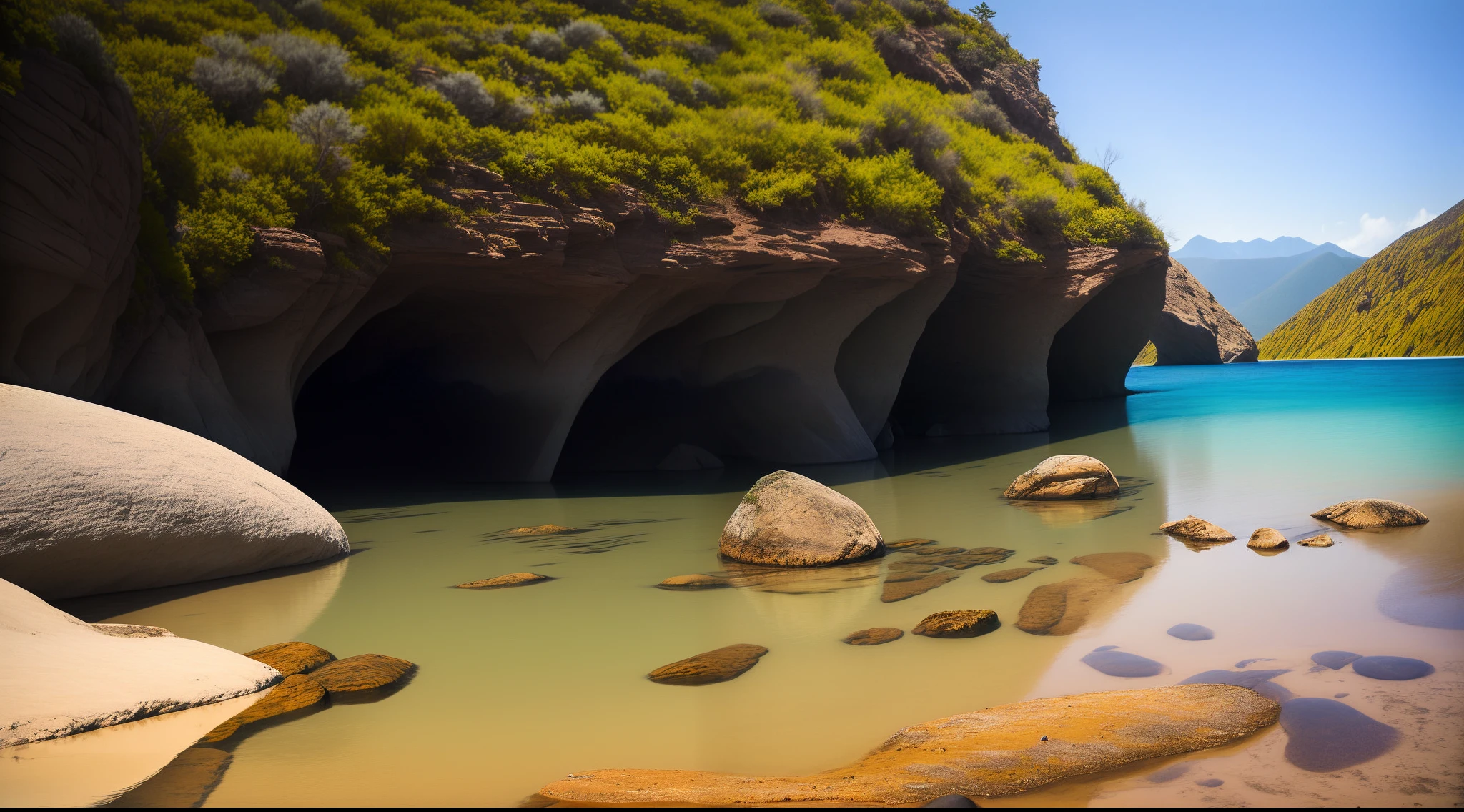Two-level photograph with views above and below water level/Linha, uma grande cena do deserto com rochas e laranja, blue water, um rio rochoso e montanhas em uma cor laranja, intricate underwater worlds, Seapunk in the style of translucent water & surreal, Two-level photography, A two-level photograph of large desert mountain scene with rocks above the blue waterline