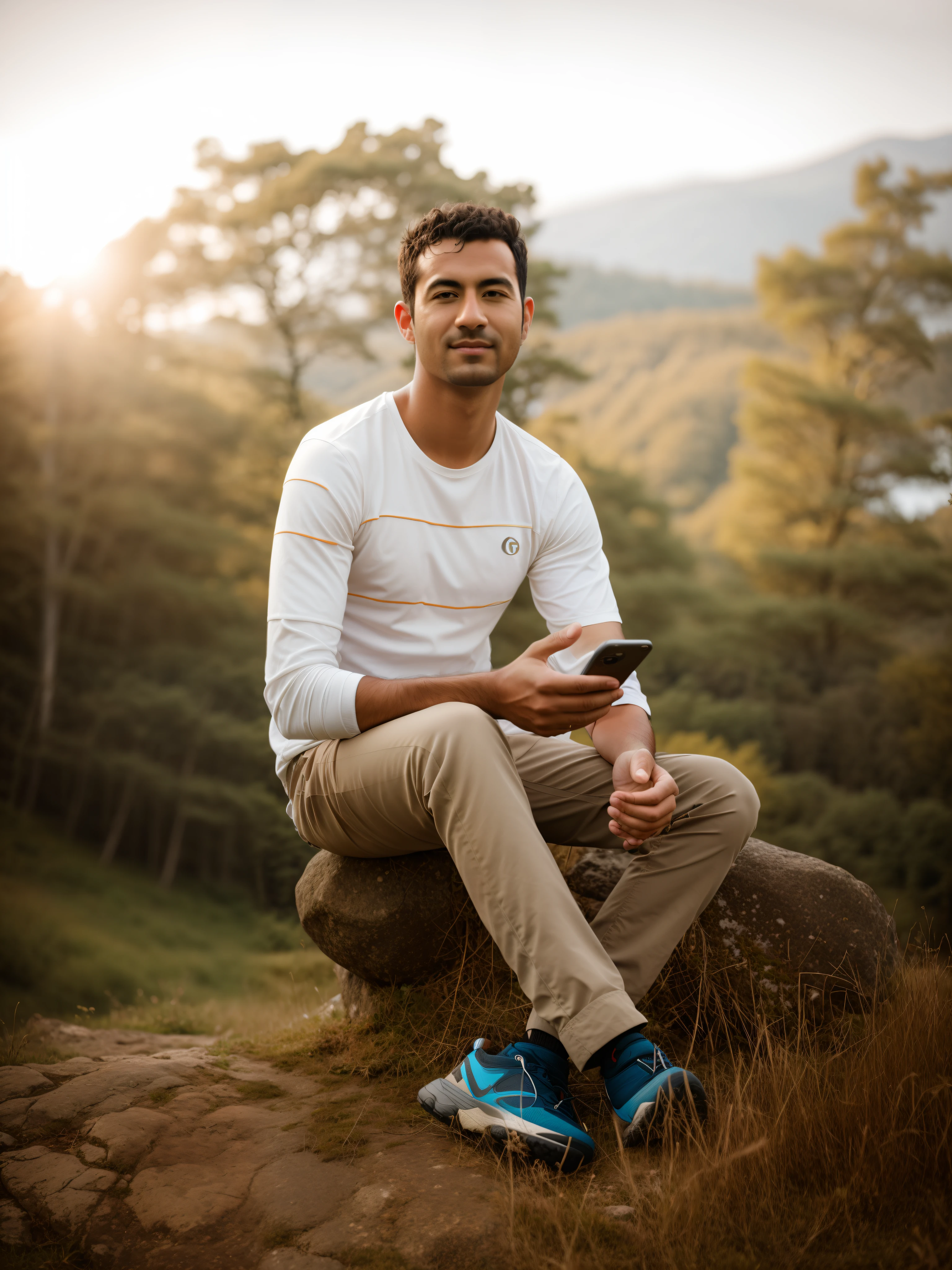 arafed man sitting on a rock in a field with a cell phone, candid picture, taken with sony alpha 9, full body photogenic shot, shot on nikon z9, shot on canon eos r5, shot on canon eos r 5, in a scenic background, very very low quality picture, with a cool pose, in front of a forest background