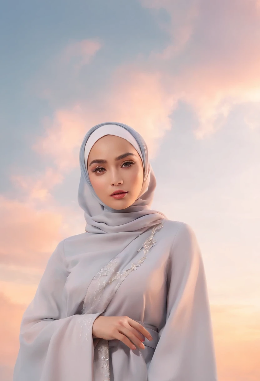 masterpiece, best quality, movie still, 1 malay girl in hijab, cloud girl, floating in the sky, close-up, bright, happy, warm soft lighting, sunset, (sparks:0.7)