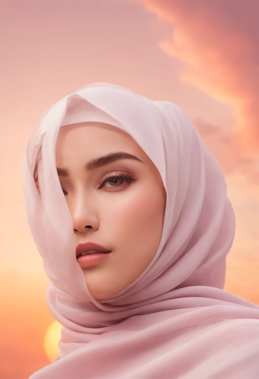 masterpiece, best quality, movie still, 1 malay girl in hijab, cloud girl, floating in the sky, close-up, bright, happy, warm soft lighting, sunset, (sparks:0.7)