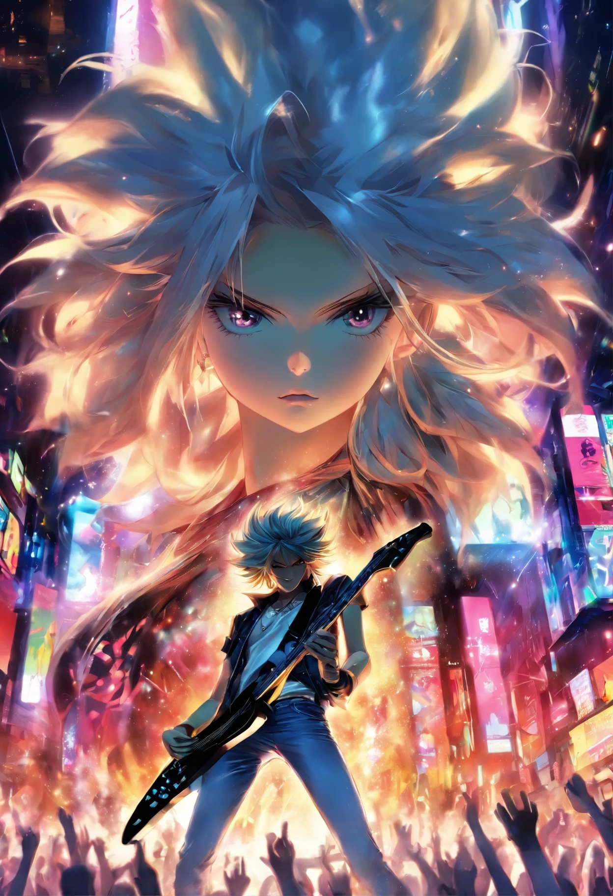 masterpiece、top-quality、hight resolution、High-quality images、8K、2 Maidens、skin gloss、Lustrous hair、cabelos preto e longos&platinum-blonde long hair、Superstar、rock band、musicians、Vocal&guitarrist、Black Leather Stage Costume、Intense performance、spot light、Hot
