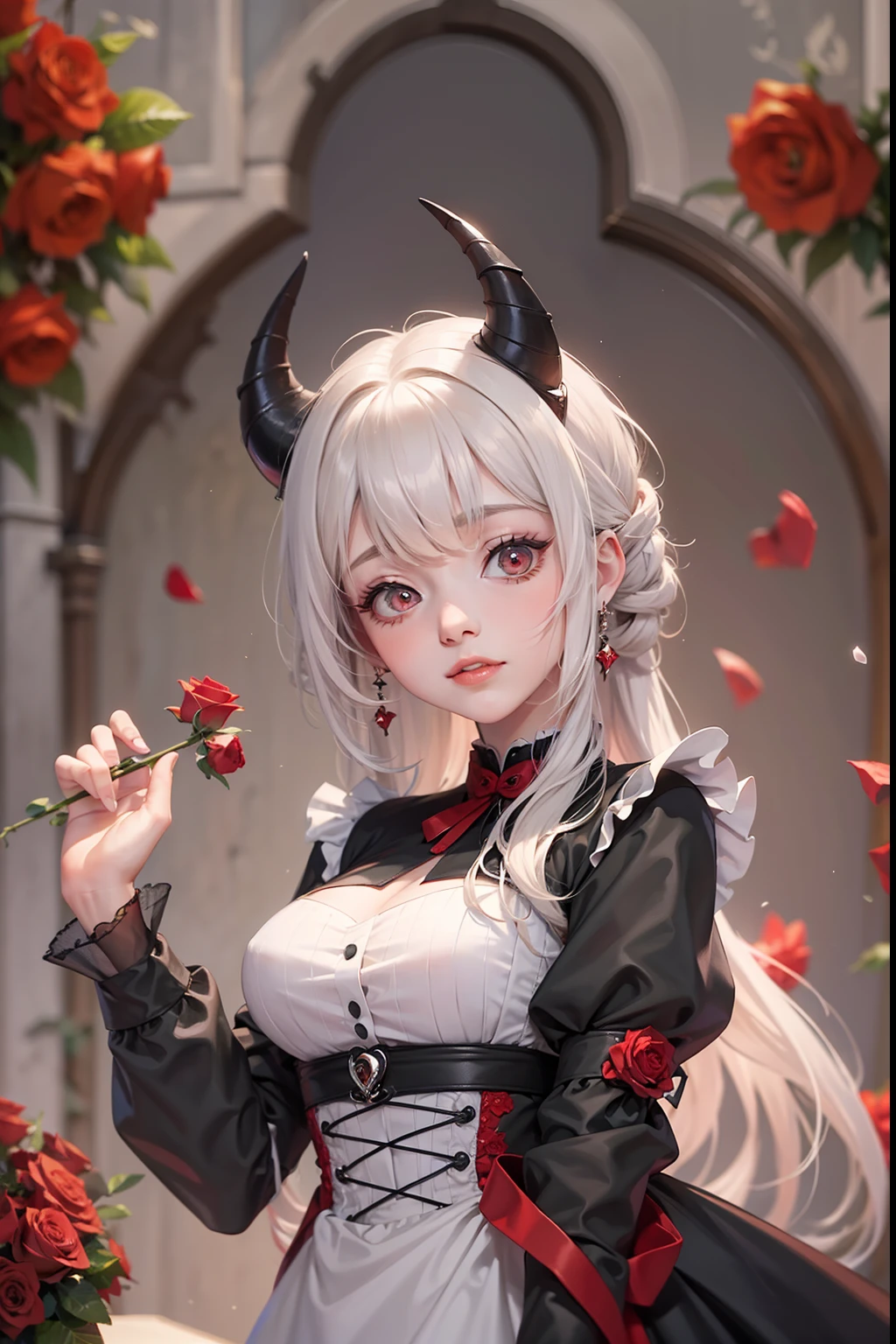 (masterpiece), (best quality), 8k resolution, 1girl, stunning beauty, mature female, 30yo, maid dress, red dress, red roses, devil horns