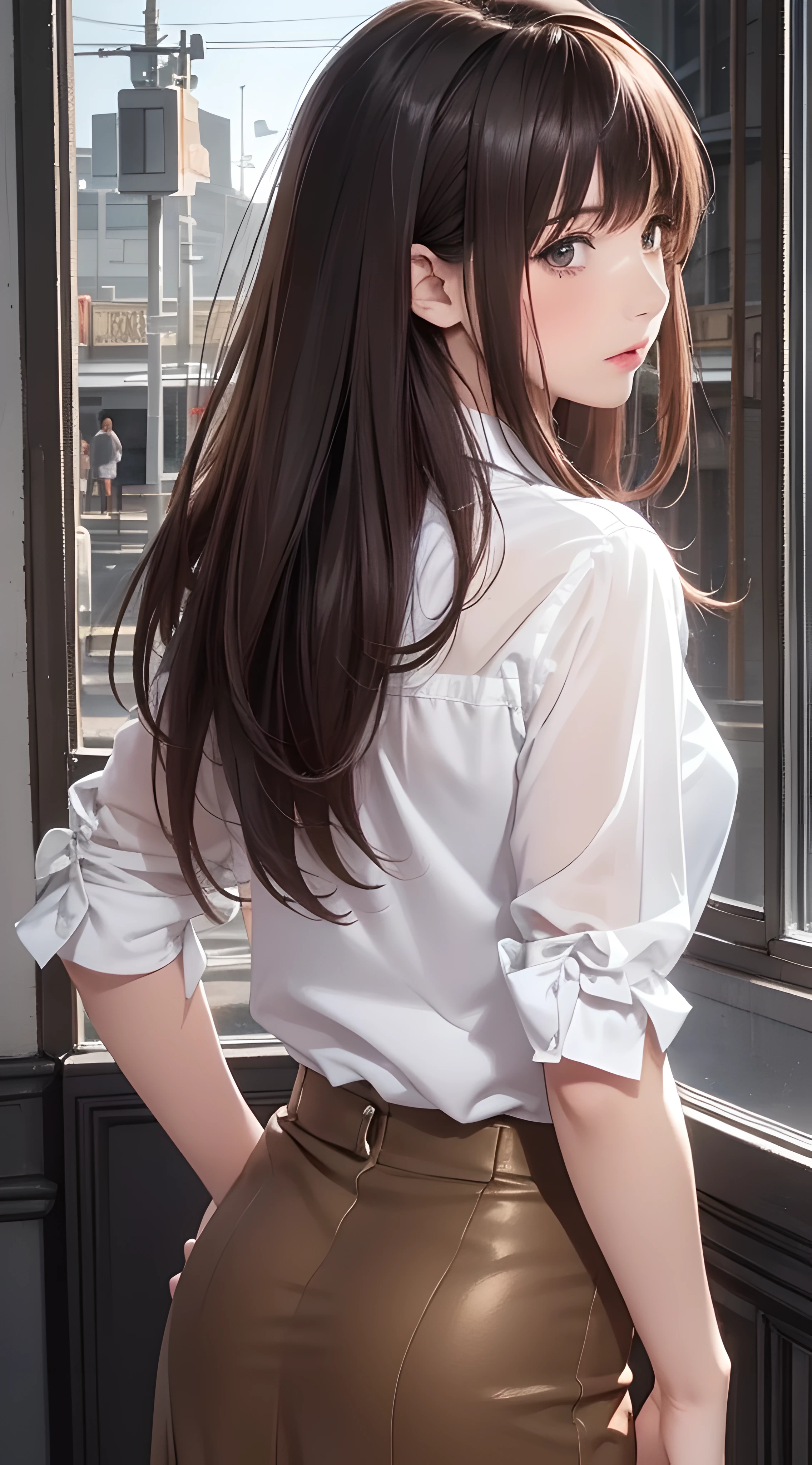 (1girl:1.3), (photorealistic:1.4), (masterpiece, top quality, best quality, official art), extreme detailed, highest detailed, (ultra-detailed), ((an extremely delicate and beautiful)), cinematic light,  contemporary, 
silky long hair, (brown hair), 
she standing at the station, in evening, 
shirt, long skirt, 
upper body, from above, 
shy, blush, (looking back:1.4)