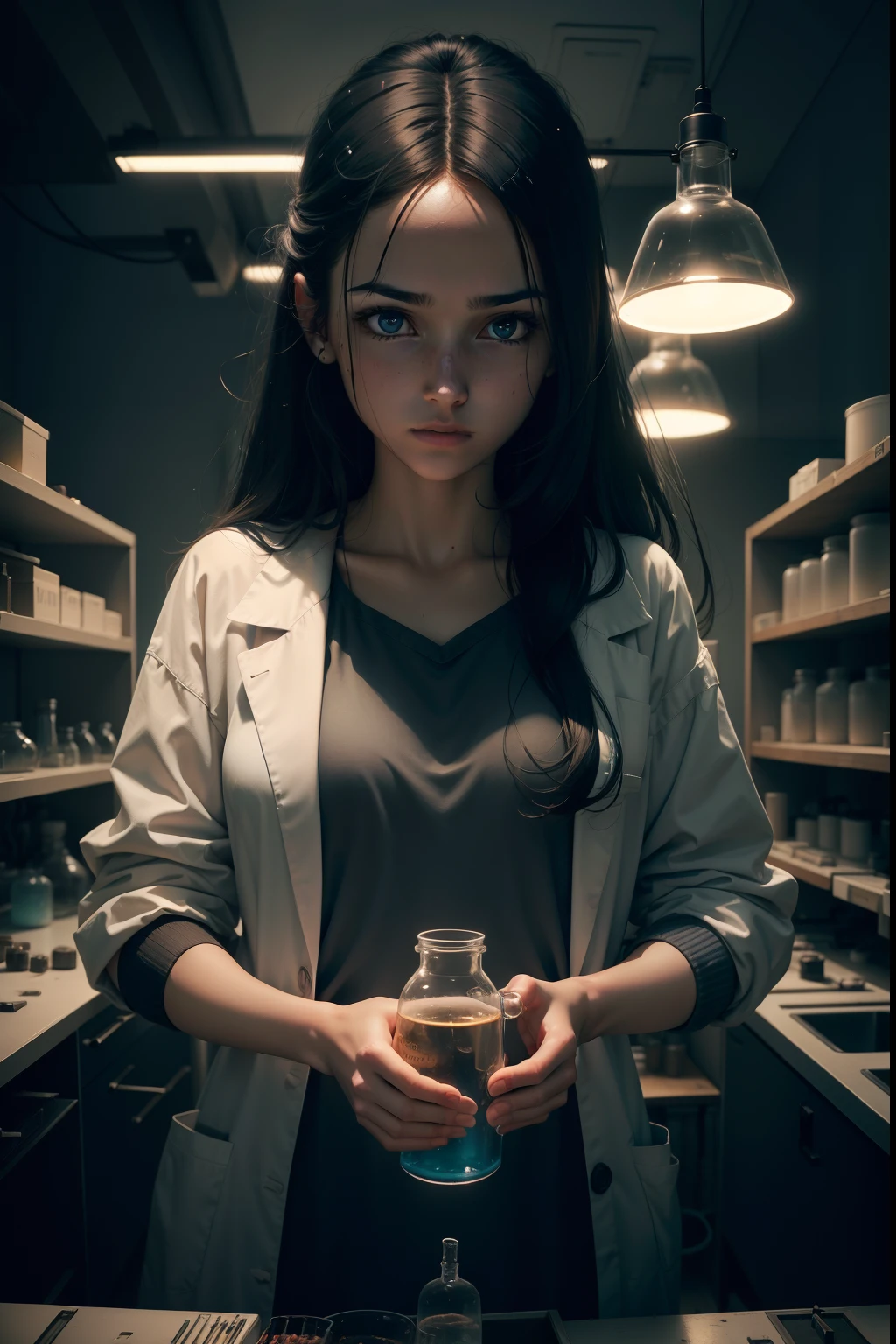A girl in a laboratory, (dark and mysterious mood), surrounded by scientific equipment, (test tubes, beakers, microscope). The girl has long, flowing hair and is wearing a white lab coat. Her face is lit by the soft glow of a desk lamp. The lab is filled with swirling smoke, giving a haunting ambiance. The girl is focused on her experiment, mixing chemicals with precise movements. The colors in the image are muted, with a slight blue tint to create a cold, sci-fi atmosphere. The lighting is dramatic, casting long shadows and highlighting the girl's determined expression. (best quality, highres), with ultra-detailed textures and realistic rendering. The artwork should have a concept art feel, with intricate details and attention to scientific accuracy.