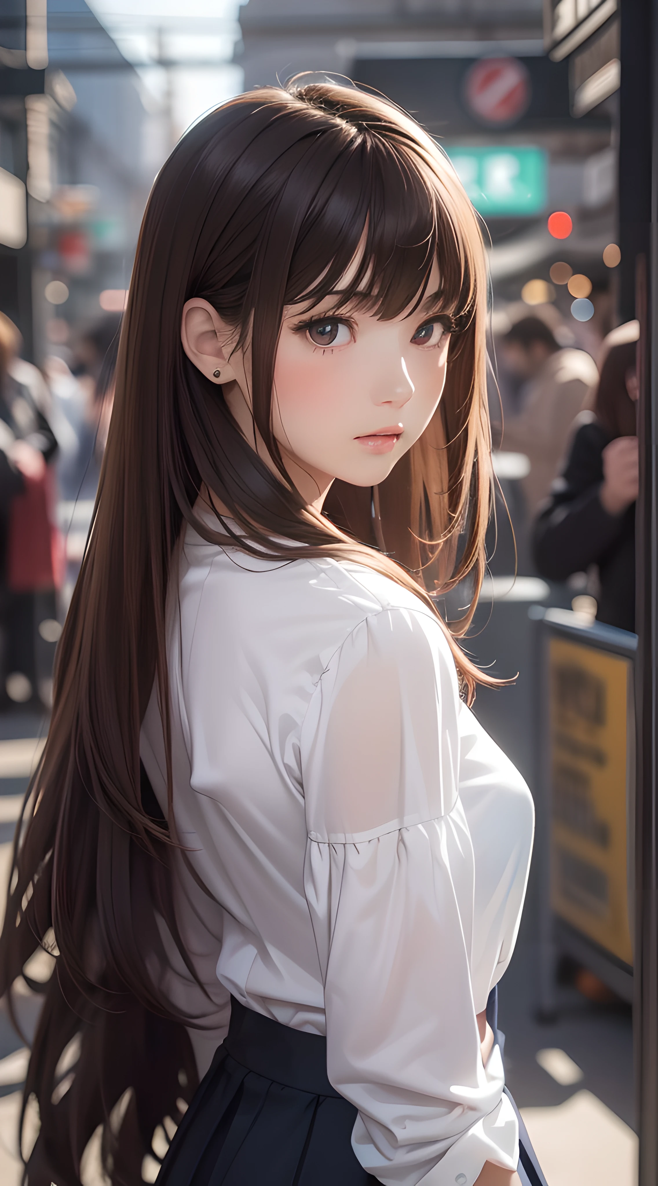 (1girl:1.3), (photorealistic:1.4), (masterpiece, top quality, best quality, official art), extreme detailed, highest detailed, (ultra-detailed), ((an extremely delicate and beautiful)), cinematic light, contemporary,
silky long hair, (brown hair),
she standing at the station, in evening,
shirt, long skirt,
upper body, from above,
shy, blush, (looking back:1.4)