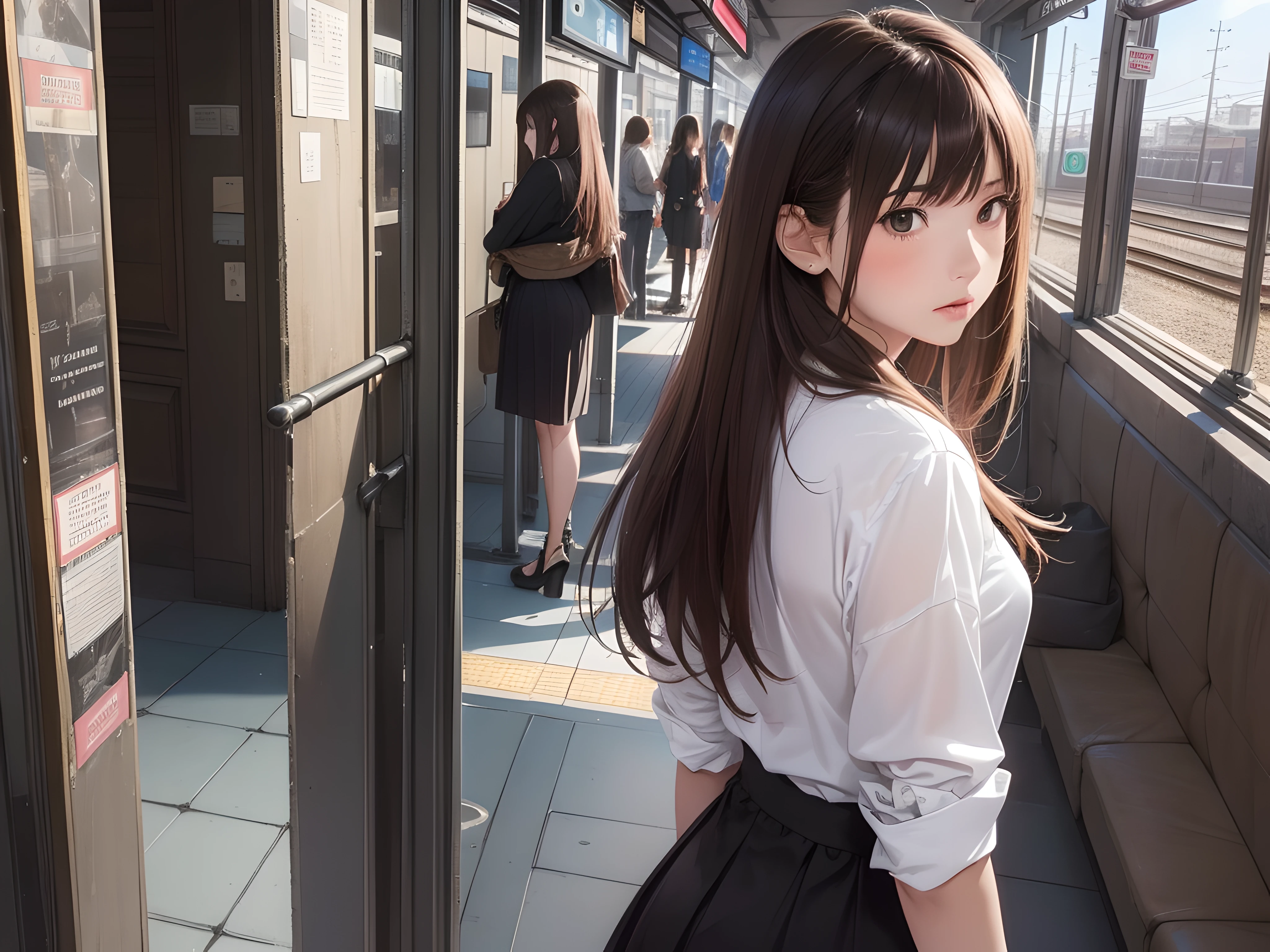 (1girl:1.3), (photorealistic:1.4), (masterpiece, top quality, best quality, official art), extreme detailed, highest detailed, (ultra-detailed), ((an extremely delicate and beautiful)), cinematic light, contemporary,
silky long hair, (brown hair),
she standing at the station, in evening,
shirt, long skirt,
upper body, from above,
shy, blush, (looking back:1.4)