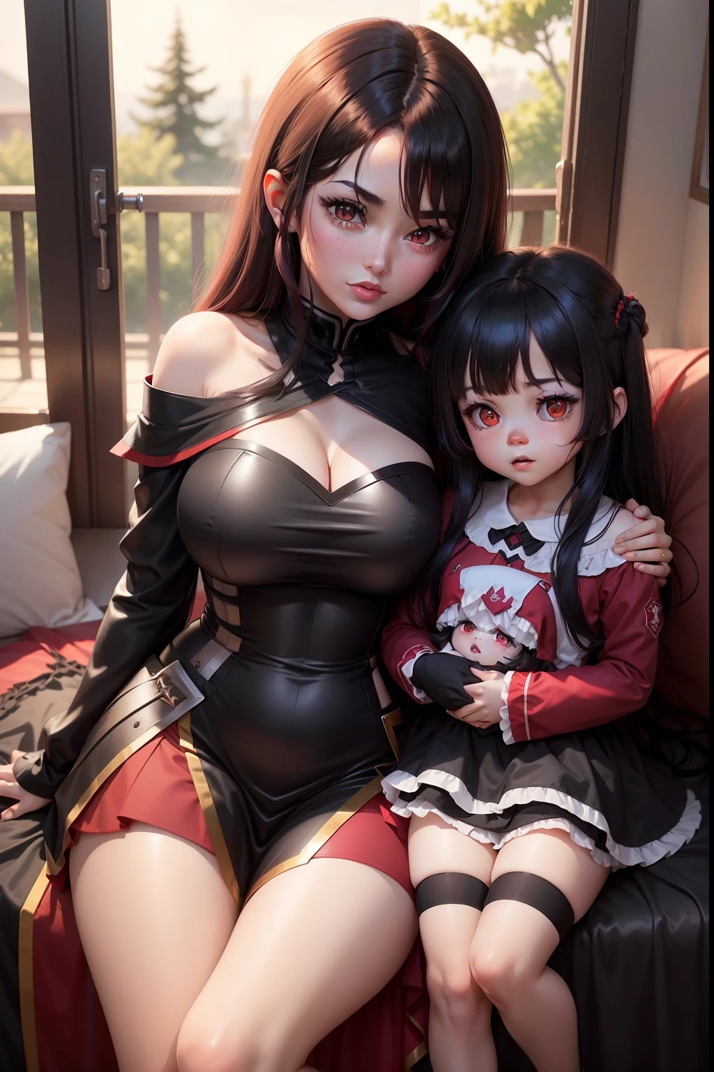 Megumin (black hair, red Eyes) with her little daugheters: Esmeralda (brown hair , red eyes). Ruby (Red Hair, green eyes),Aria Rose (Black hair, blu eyes)