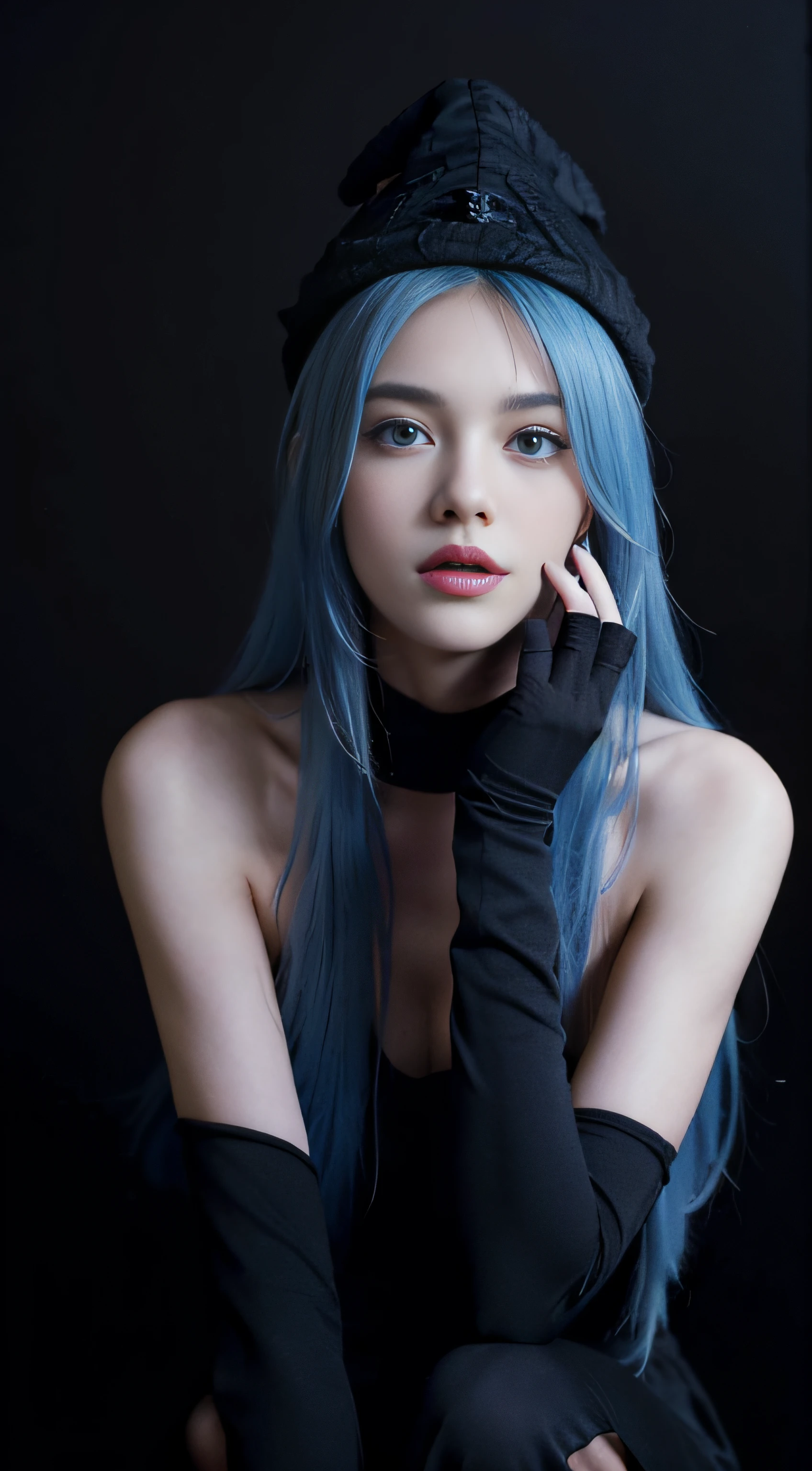 8K, Top Quality, Intricate Details, Ultra Detail, Ultra High Resolution, Masterpiece, , Slender, Smile, (Makeup: 0.4), (Fluffy Blue Eyes: 1.21), blue Eyes, looking at viewer, ((full body)), 1girl, solo, 1 girl, (()), feminine and sexy posture, ((tall)), (((fit body))), (((slim face))), sharp face, sharp eyes, (((sky blue hair, long hair, side bangs)) (detailed face), sharp face, small lips half open strawberry lips, pureerosfaceace_v1,
((black witch hat, black maxi dress, black long glove, black ankle boot )), detailed face, detailed breast, Beautiful girl with accentuated slender abs: 1.4, Six Pack Abs: 1.4, Bust Botox, Big, Perfect Body, detail leg, (Dark Night Background: 1.2)