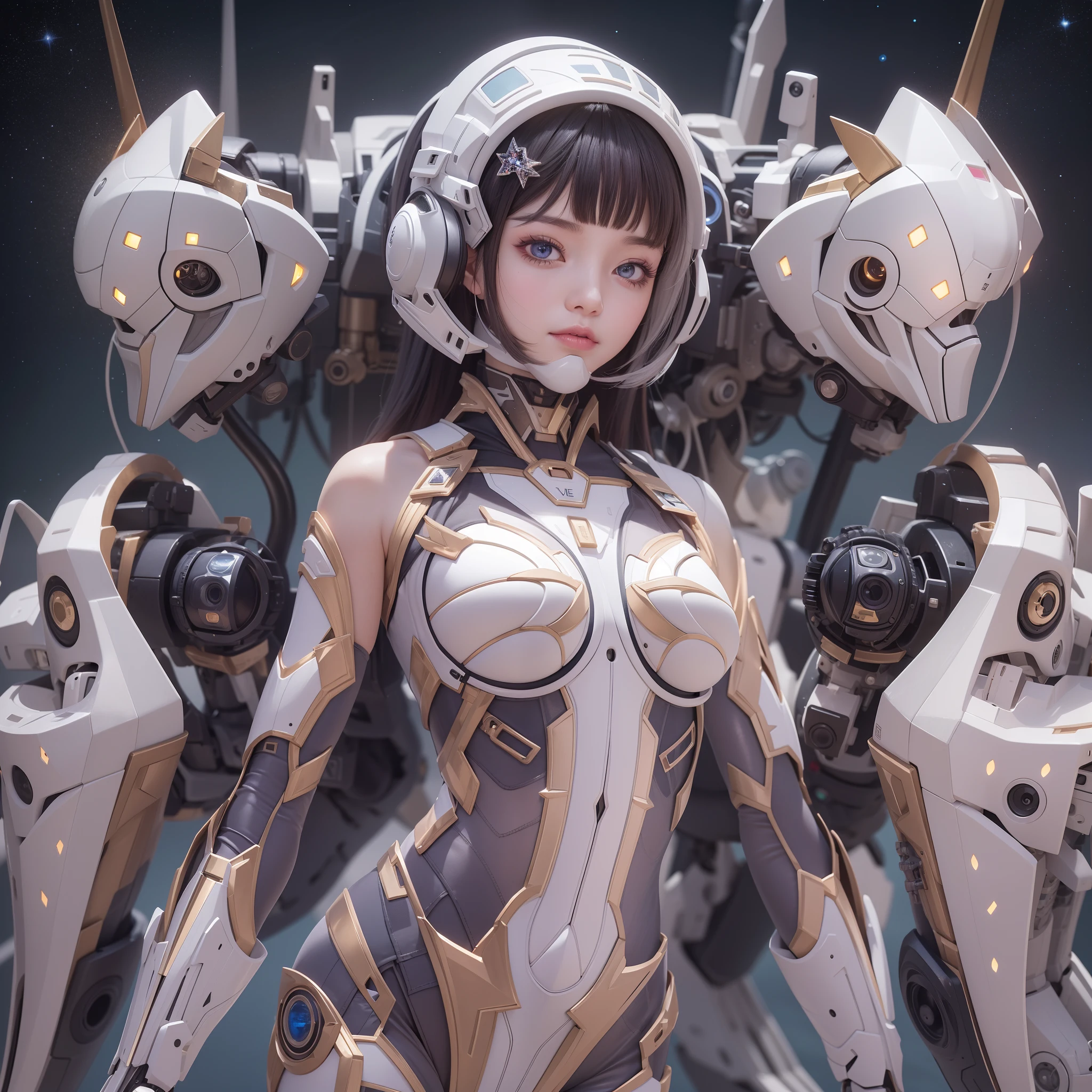 machinery suit、Mechanical body、Skeletal、Mecha mask close-up、Gothic girl、Makeup、(hentail realism、A high resolution)、(1 girl in)、eye、Korean girl、(Best quality), (masutepiece), (1girl in), Solo, a beauty girl, Perfect face,,DreamlikeArt、Highly detailed airbrush art((Surreal))、voluminetric lighting、(top-quality)、The ultra-detailliert、Rear space、The star slowly tilts westward。Light brings light to the machine、Create beautiful scenes。Her eyes glow visibly pink。Lots of stars