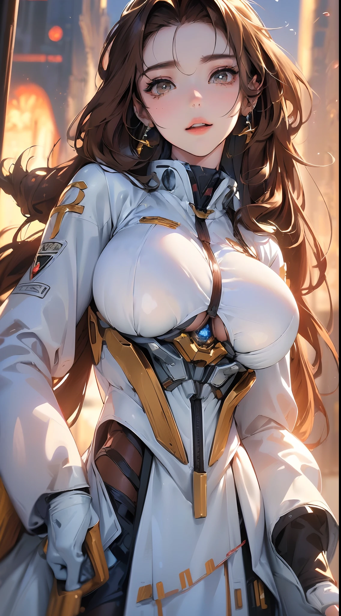 (Best Quality, 8k, 32k, Masterpiece, UHD:1.3), (Photo of Attractive Japanese Woman), ((1 Girl)), ((moderate Boobs)), Abs, Perfect Body, Ultra Detailed Face, Detailed Lips, Fine Eyes, double eyelids,, (seductive), ((aroused:1.5)), ((in heat)), ((milf)) sexy girl, beautiful girl, jaw-dropping beauty, girl in mecha cyber armor, ((brown long hair:1.2)), ferra white mecha, female mecha, mechanized valkyrie girl, beautiful white uniform  clothed in sci-fi military armor, scifi woman, in (white futuristic armor:0.9), gorgeous female paladin, ((focus on breast)), ((close up to face and breast)), smiling beautifully, in mecha cockpit, sunlight illuminated her beautiful face