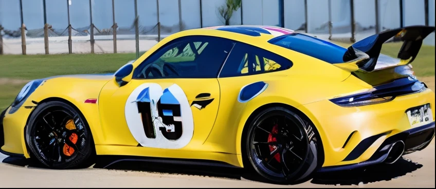 The person is1a person、one car、ighly detailed、High resolution、beautiful japanese female、Smiling smile、dark brown hair、Slim body、Black long dress、Race Queen、Porsche