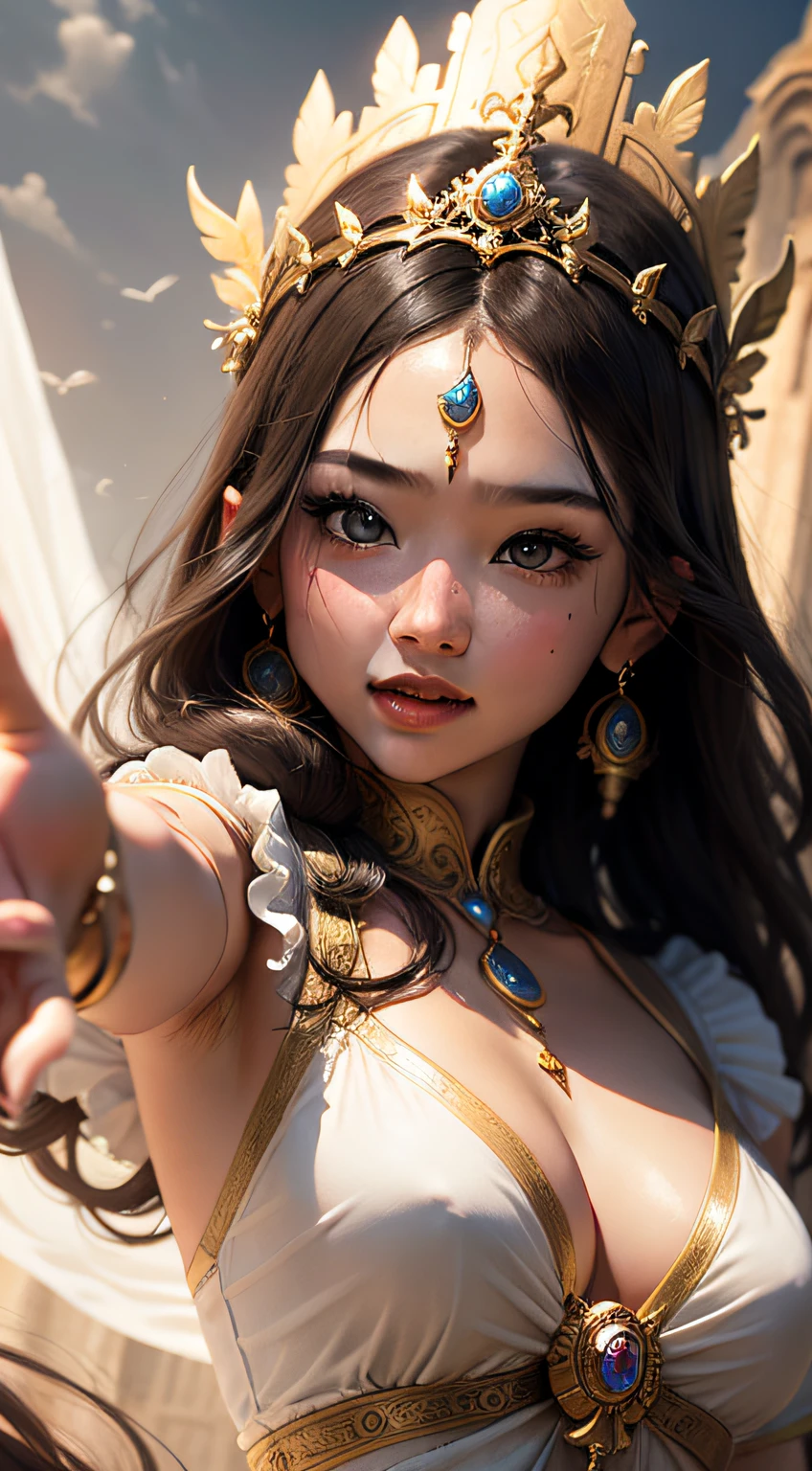 Beautiful girl goddess reaching out a hand that came down from heaven