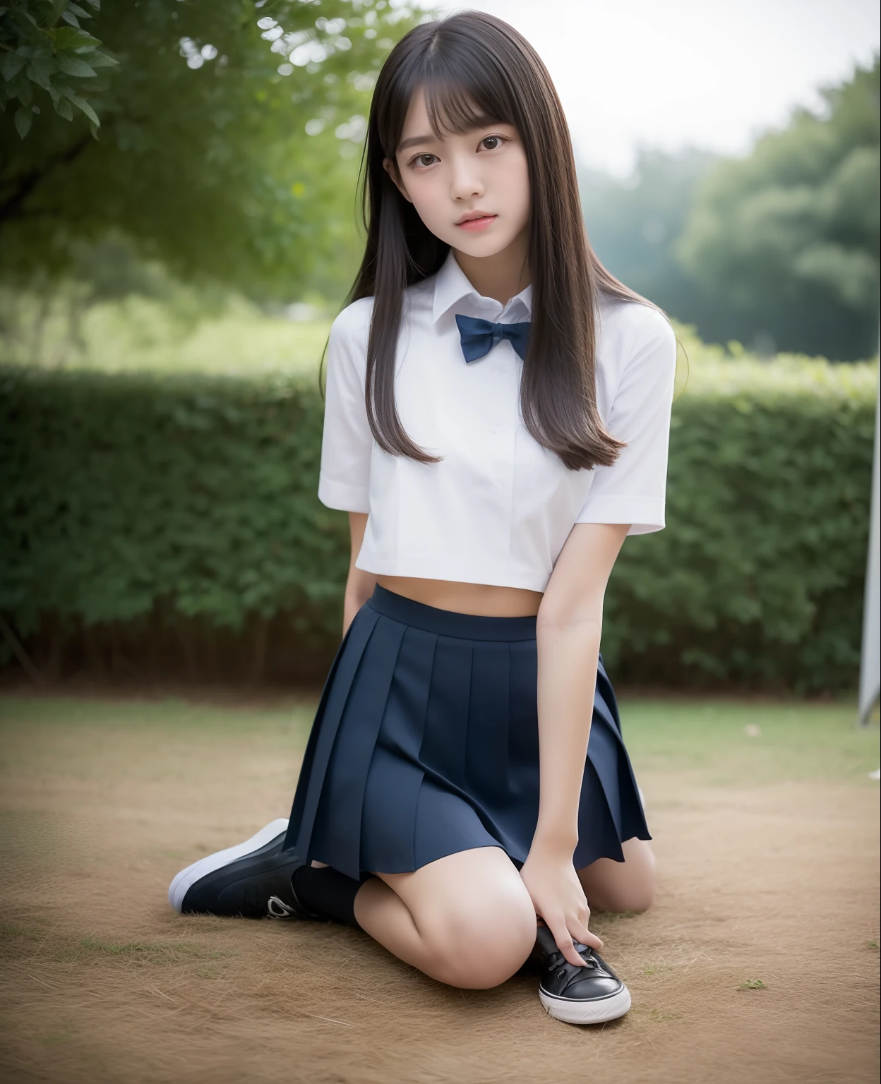 ((best quality, 8K, masterpiece: 1.3)), beautiful girl, pure, kind and cute, pure desire, innocent face, slender body, normal breasts, wearing school uniform, short school uniform skirt, converse shoes with long socks until below of knees, long black silky hair, long flowing shoulders, round black big eyes, clear big eyes, standing pose, holding lance spear, Battle pose, at backyard school, ((((whole body)))),