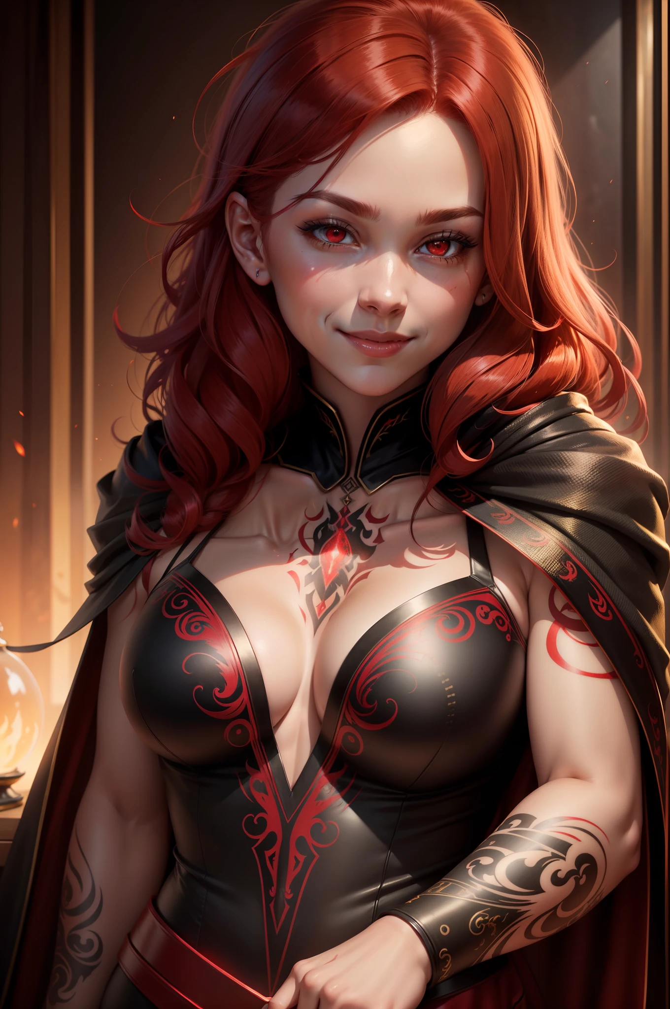 Photorealistic, High resolution, Soft light,1womanl, Solo, (Detailed face), Red curled hair, Black robe, Red and gold exterior tattoo, Glowing red eyes　Thin muscular lower body　enticing　超A high resolution　super precision　Cold smile　real looking skin