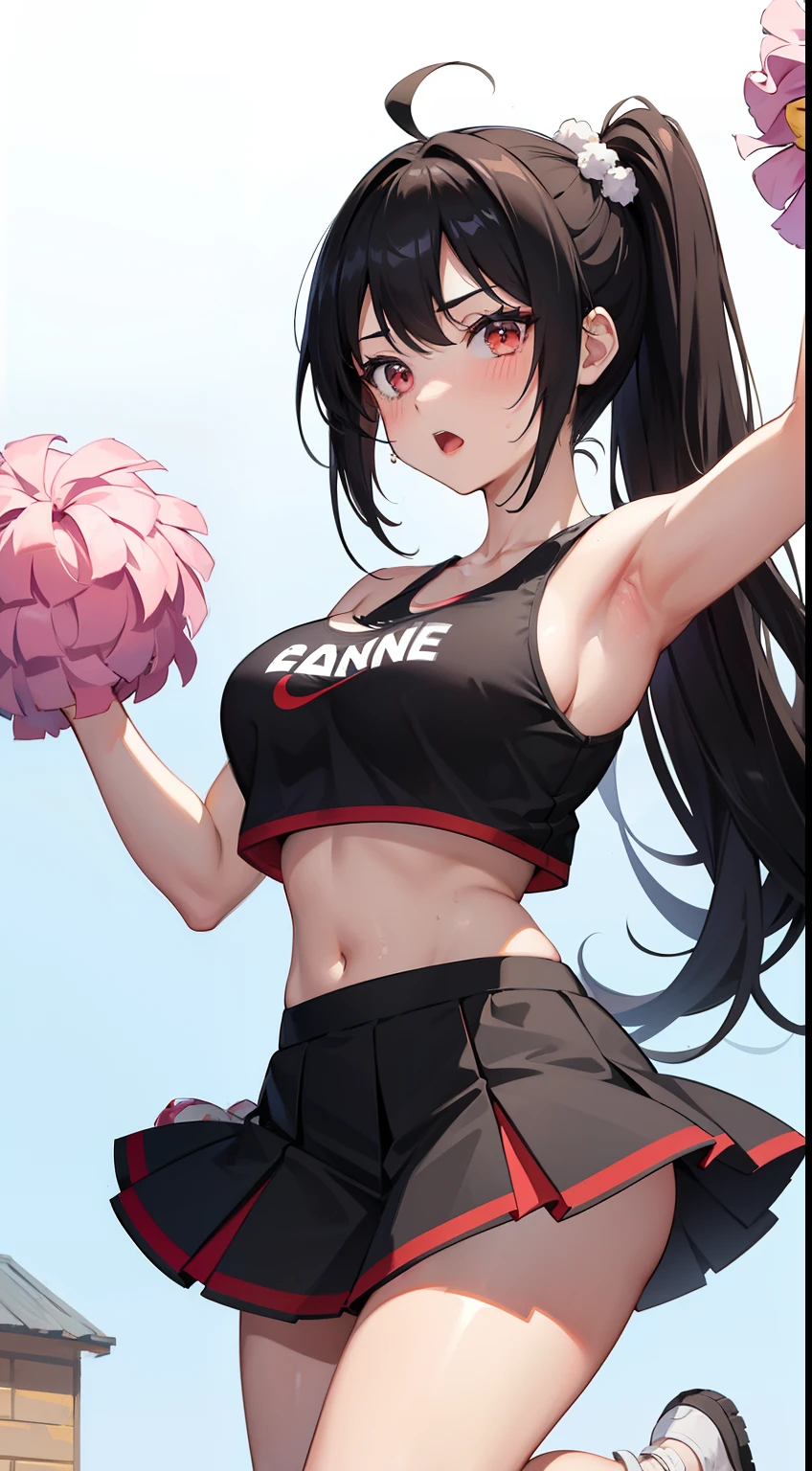 1girl, ahoge, armpits, bangs, bare shoulders, black hair, black panties, blush, breasts, cheerleader, cleavage, crop top, holding, holding pom poms, large breasts, long hair, looking at viewer, mole, mole on breast, navel, open mouth, panties, pom pom \(cheerleading\), red eyes, shirt, shoes, simple background, skirt, sneakers, solo, sweat, thighs, underwear, very long hair