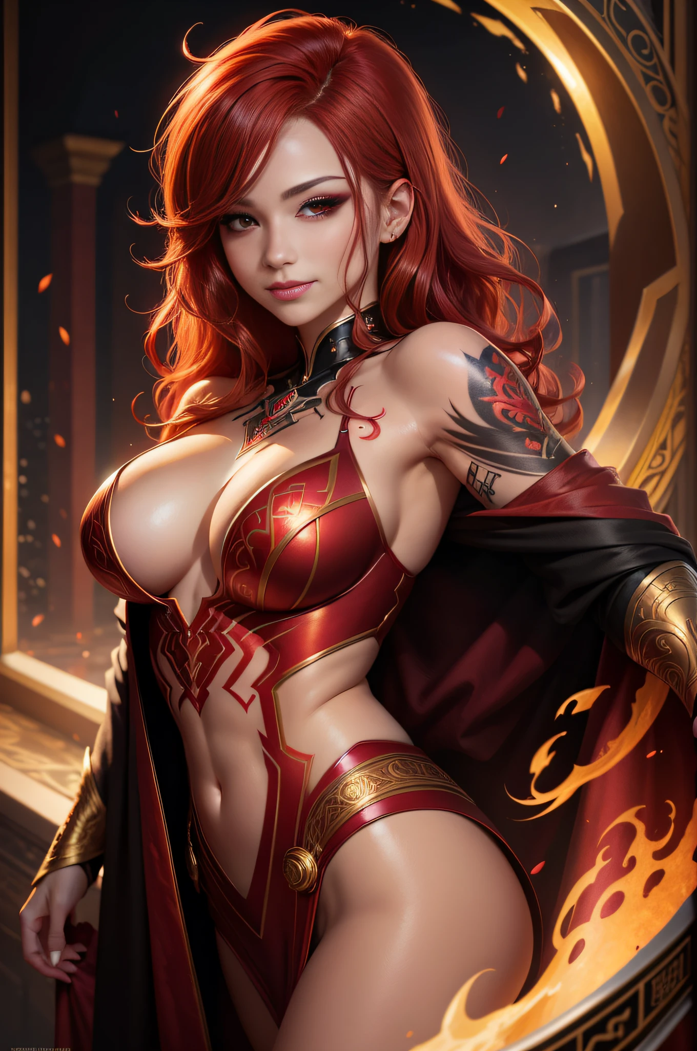 Photorealistic, High resolution, Soft light,1womanl, Solo, (Detailed face), Red curled hair, Black robe, Red and gold exterior tattoo, Glowing red eyes Thin muscular lower body enticing 超A high resolution super precision Cold smile real looking skin