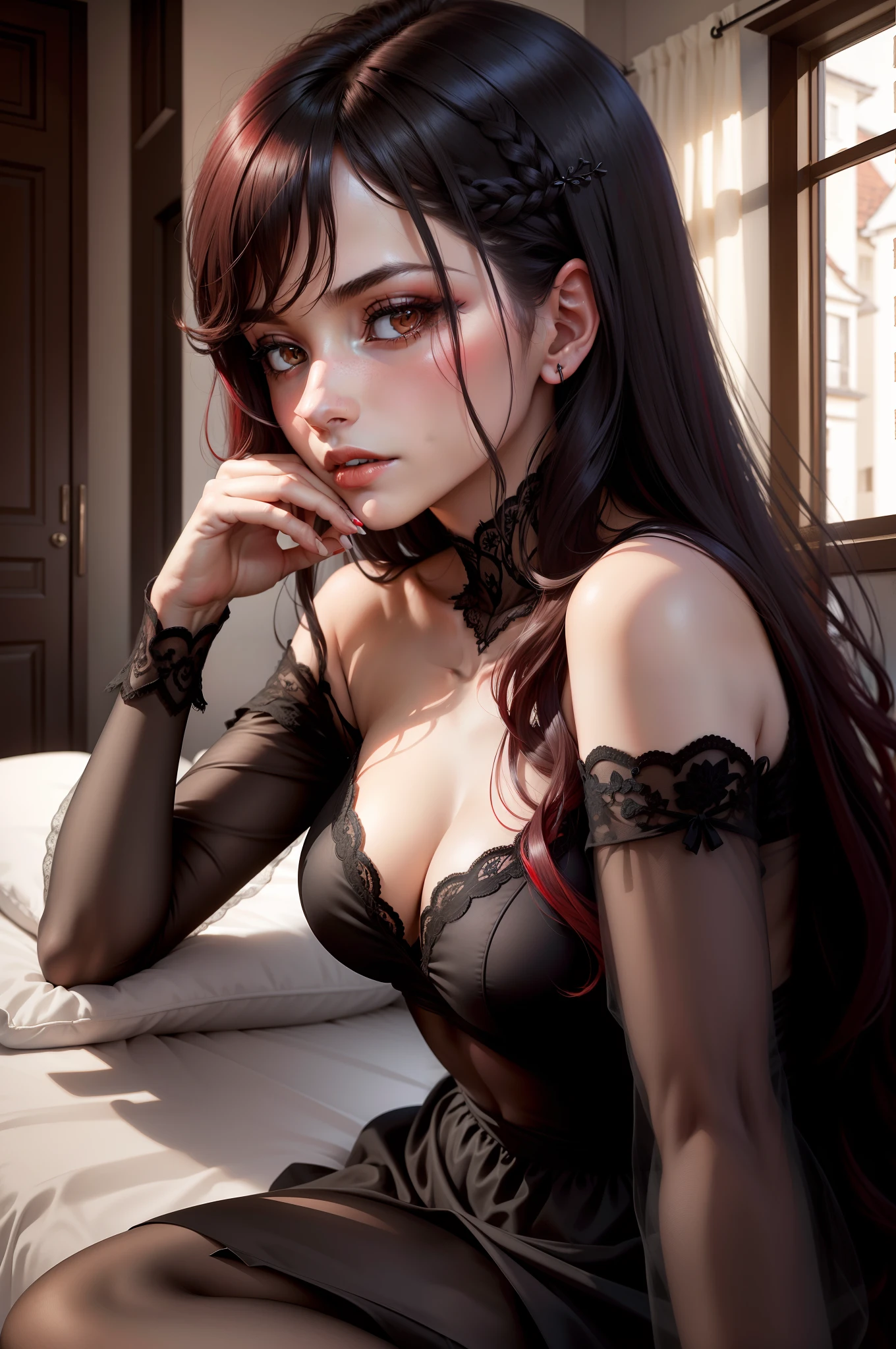 Modell, schwarze Haare, Bella Veranda, rote Dessous, transparent, rot, Dessous rot, dessous rot, Schlafzimmer, Liegen, durchsichtig, siehe Brustwarze, auf bett Liegen