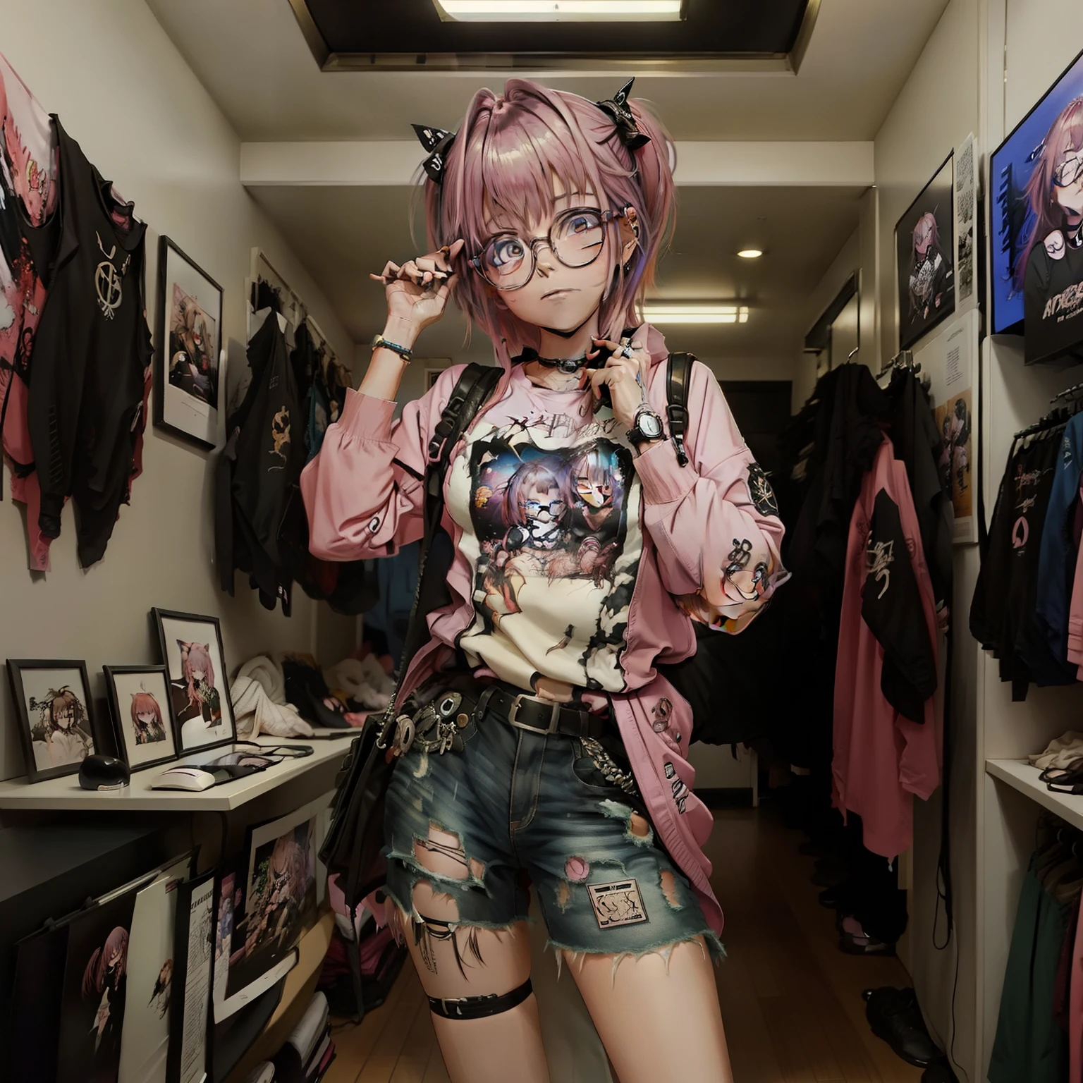 anime girl with pink hair and glasses posing for a picture, detailed digital anime art, smooth anime cg art, photorealistic anime girl render, artwork in the style of guweiz, detailed portrait of anime girl, portrait anime girl, kawaii realistic portrait, portrait of an anime girl, digital anime art, anime character portrait, stunning anime face portrait, digital anime illustration