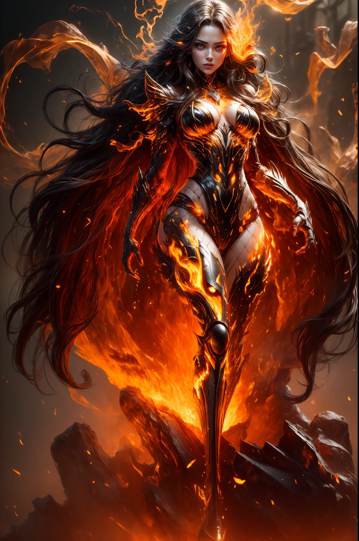 This is a realistic fantasy artwork prominently featuring realistic fire, including wisps of flames, glowing hot embers, subtle curls of smoke, and a beautiful fire druid. The druid stands in the midst of a raging inferno with an interesting composition. Her face is expertly sculpted, with elegant and refined features and perfect shading and realistic skin texture. Her (orange and gold eyes) are stunning and are the focal point of this image. (Her eyes extremely detailed, beautiful detailed eyes, and macro). Her eyes feature intricate detailing with clearly defined irises and bright sclera. Her soft lips are smooth and very puffy, and her skin is adorned with a light flush and ornate fire detailing. Her long gown is stunning and expensive, and is made of pure flames and glittering, ornate jewels that glimmer in the fire light. Her billowing gown glitters from the flames and features a delicately and intricately embroidered bodice with wisps of flames running across it. Include fantasy elements like bumps, stones, fiery iridescence, glowing embers, silk, and an interesting background. Include fiery magical creatures such as fiery birds and fiery butterflies that give off a magical and mystical aura. Lighting: Utilize the latest trends in lighting to enhance the artwork's beauty. Camera: Utilize dynamic composition to create a sense of urgency and excitement. Take inspiration from the current masters of the fantasy genre, including trending artists on Artstation and Midjourney. ((masterpiece))