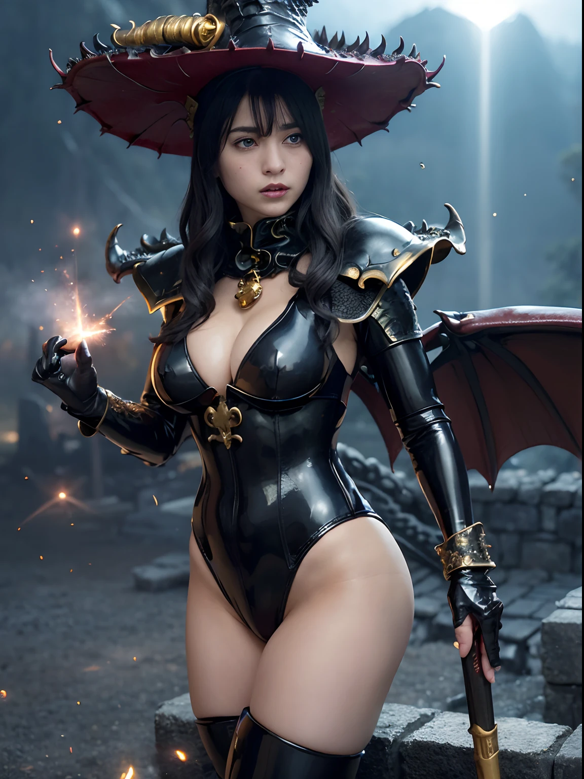 ((World of Darkness)),Professional , masterpiece、top-quality、photos realistic , depth of fields 、(((With the legendary magic wand))),(Dragon Black Metal Body:1.4),(latex black-blue、(cleavage of the breast)、Dragon Gold Weapon、(((Particles of light))),(Micro Bikini Armor:1.4),Gorgeous gold weapons ,(Fight dragons)、Seductive look、,Blood on the face,Blood Rain,Blood fog、(blood splattere:1.9)、((Magic Number )) , (((Wearing a black latex wizard hat))),(demonic wings) ,、((a blond))、(Castle background)、((Gangle's forest background))、Beautiful Caucasian beauty、1a person、dynamic ungle,(((Detailed and ornate dragon wizard hat)))、Smaller head、A smile、Castle background、Thin and beautiful female hands、cleavage of the breast、Soldier in iron armor on background、Mystical expression、Light Effects、intense fighting、Wind-effect、magic circles、With the legendary magic wand、Dragon's tail、explosions、