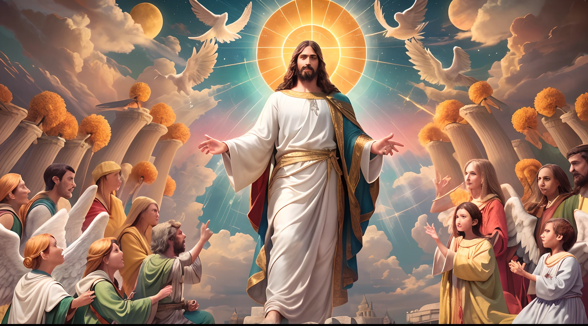 Imagem Ultrarrealista 8K: The Splendor of the Third Heaven with Jesus and God the Father!
Nesta imagem espetacular de ultrarrealismo 8K, You will see the third heaven in all its splendour, com Jesus ao lado de Deus Pai, sentados em seus tronos celestiais. The scene is full of dazzling colors and precise details, fazendo com que cada aspecto divino seja capturado magnificamente. Jesus' expression conveys peace and joy, enquanto Deus Pai irradia majestade e poder supremo. The angels around are in awe, and a sense of divine harmony permeates the whole environment. This ultra-realistic image is able to inspire spiritual reflection and connection with the divine, revealing the greatness of God's love and mercy.