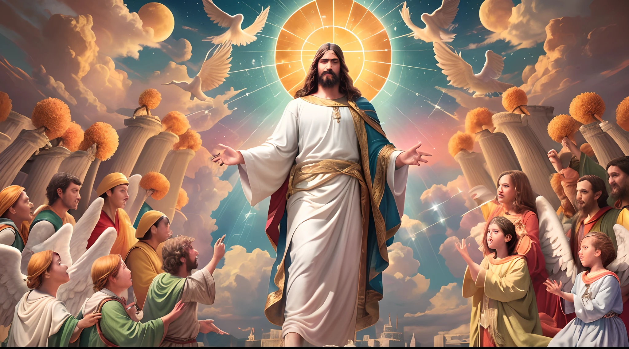 Imagem Ultrarrealista 8K: The Splendor of the Third Heaven with Jesus and God the Father!
Nesta imagem espetacular de ultrarrealismo 8K, You will see the third heaven in all its splendour, com Jesus ao lado de Deus Pai, sentados em seus tronos celestiais. The scene is full of dazzling colors and precise details, fazendo com que cada aspecto divino seja capturado magnificamente. Jesus' expression conveys peace and joy, enquanto Deus Pai irradia majestade e poder supremo. The angels around are in awe, and a sense of divine harmony permeates the whole environment. This ultra-realistic image is able to inspire spiritual reflection and connection with the divine, revealing the greatness of God's love and mercy.