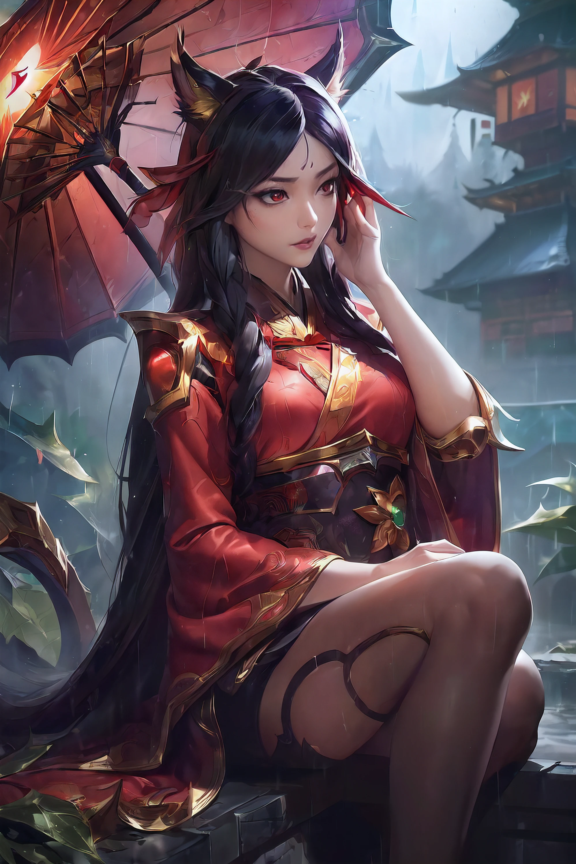 (League of Legends:1.5), (detailed manga illustration:1.2),(masterpiece:1.25),(best quality), (ultra-detailed:1.25),(idyllic),chinese classical style, (rain:1.2),raindrop, (maplegrove:1.3),dense leaves, rockery landscapr, spring water, [ink painting], (mournful, poignant), (color splashing:1.15),(watercolor:1.2),(depth of field:1.25),(solo:1.5) ,[ghostdom], backlight, [looking to the side],
(1 beautiful girl:1.25) with (chinese hanfu: dark red+black),(chinese antiquities) and gorgeous,(hair ribbon),(fox ears),(detailed beautiful red eyes:1.15), (beautiful face:1.15), (black long hair, gradual dark red colored tips), (fox tail),(maple leaves, fallen leaves),soaking feet, expressionless, sitting under a maple tree,