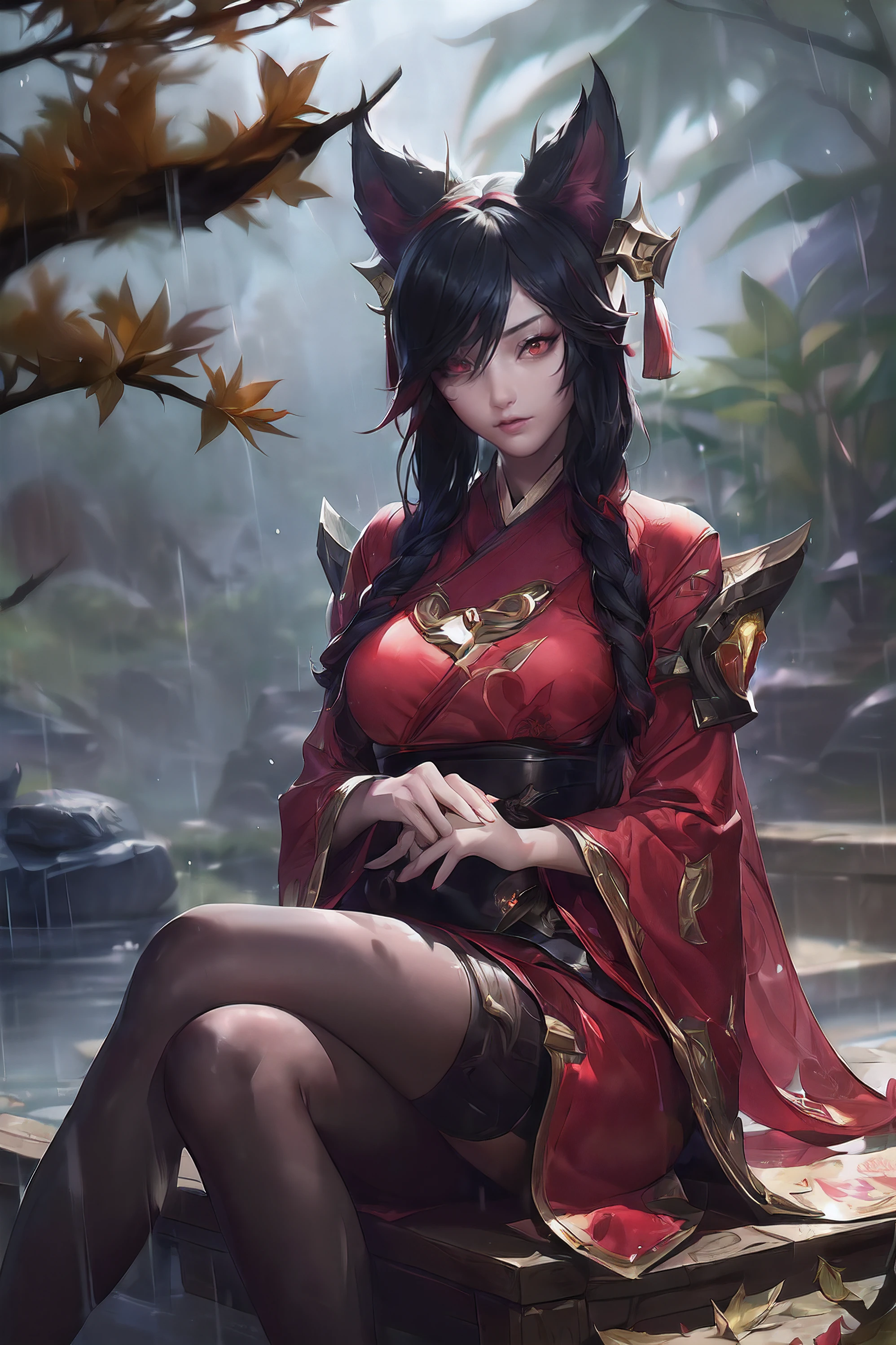 (League of Legends:1.5), (detailed manga illustration:1.2),(masterpiece:1.25),(best quality), (ultra-detailed:1.25),(idyllic),chinese classical style, (rain:1.2),raindrop, (maplegrove:1.3),dense leaves, rockery landscapr, spring water, [ink painting], (mournful, poignant), (color splashing:1.15),(watercolor:1.2),(depth of field:1.25),(solo:1.5) ,[ghostdom], backlight, [looking to the side],
(1 beautiful girl:1.25) with (chinese hanfu: dark red+black),(chinese antiquities) and gorgeous,(hair ribbon),(fox ears),(detailed beautiful red eyes:1.15), (beautiful face:1.15), (black long hair, gradual dark red colored tips), (fox tail),(maple leaves, fallen leaves),soaking feet, expressionless, sitting under a maple tree,